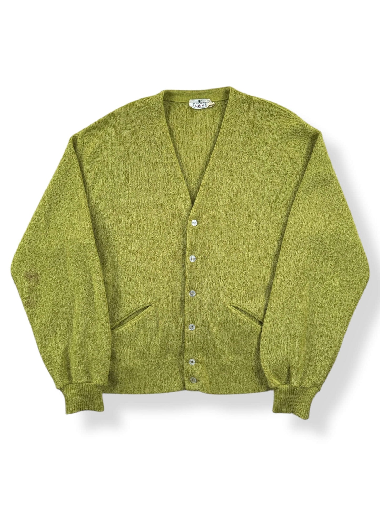 Front of Vintage Lion Brand Chartreuse Green Alpaca Cardigan SZ L