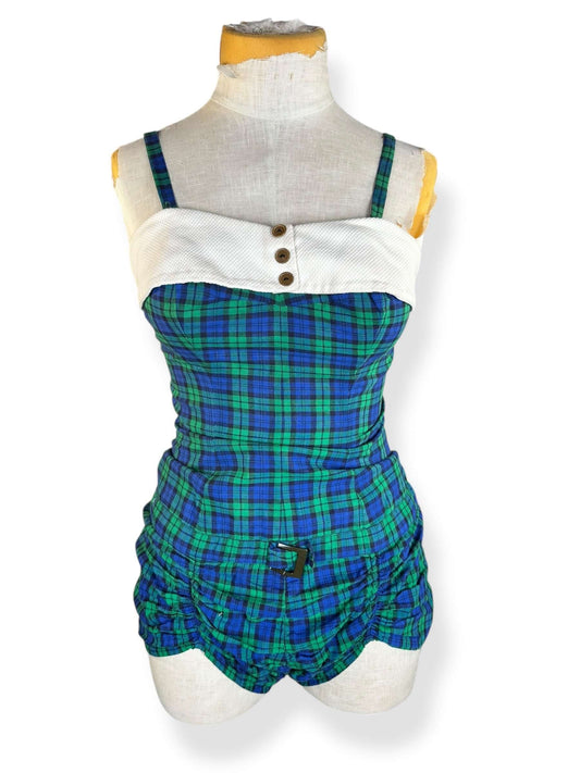 Front view of 1950s Plaid Cotton Bathing Suit S