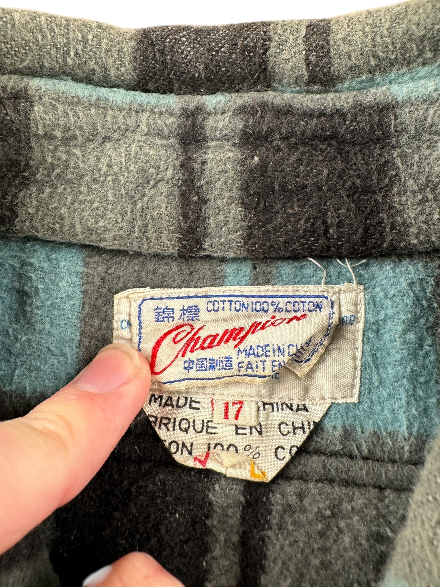 Tag on Vintage 70's Champion Teal and Grey Camp Flannel SZ XL