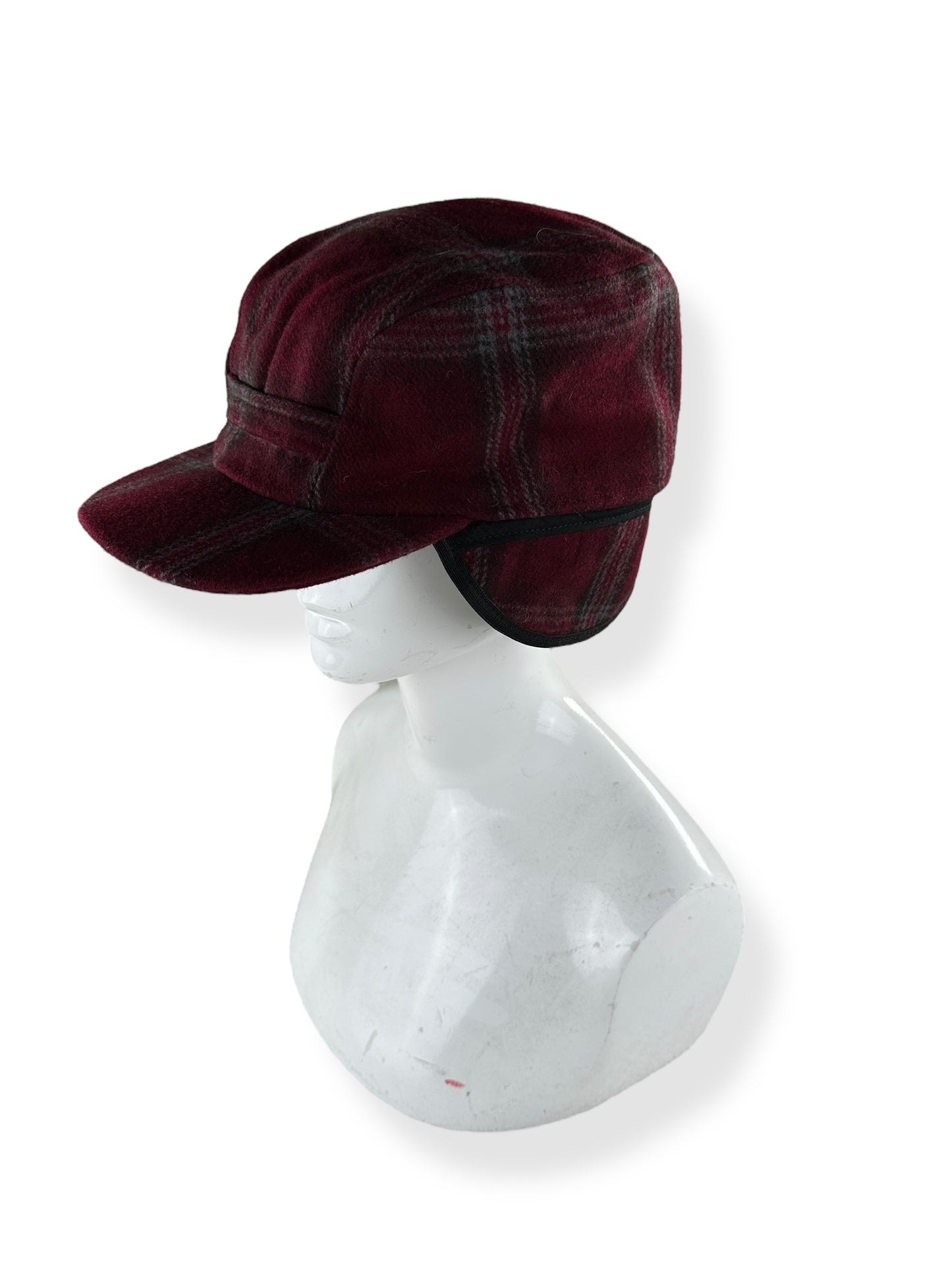 Left Side View with Ear Flaps Pulled Down View of Filson Burgundy & Black Mackinaw Wool Hat SZ L