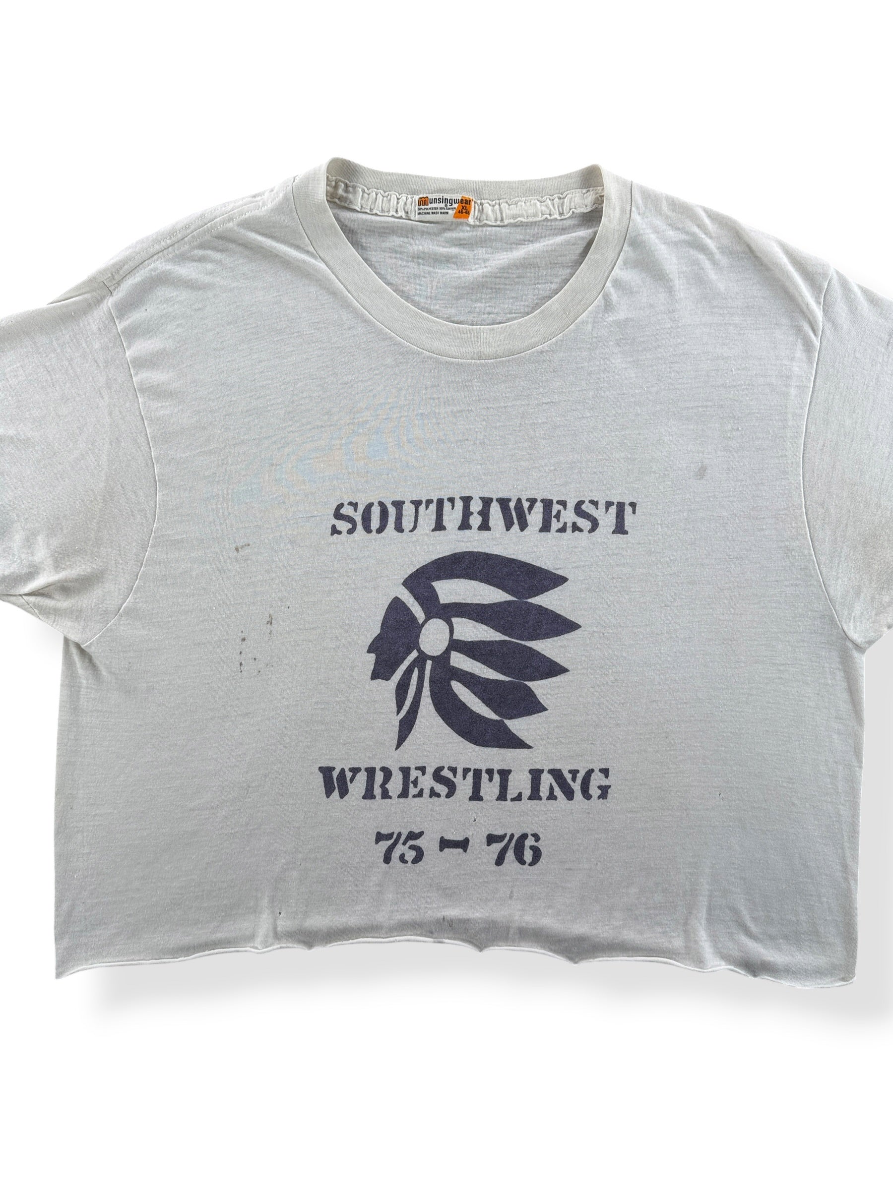 Front Close Up of Vintage SW Wrestling Crop Top Tee SZ XL (Fits L)