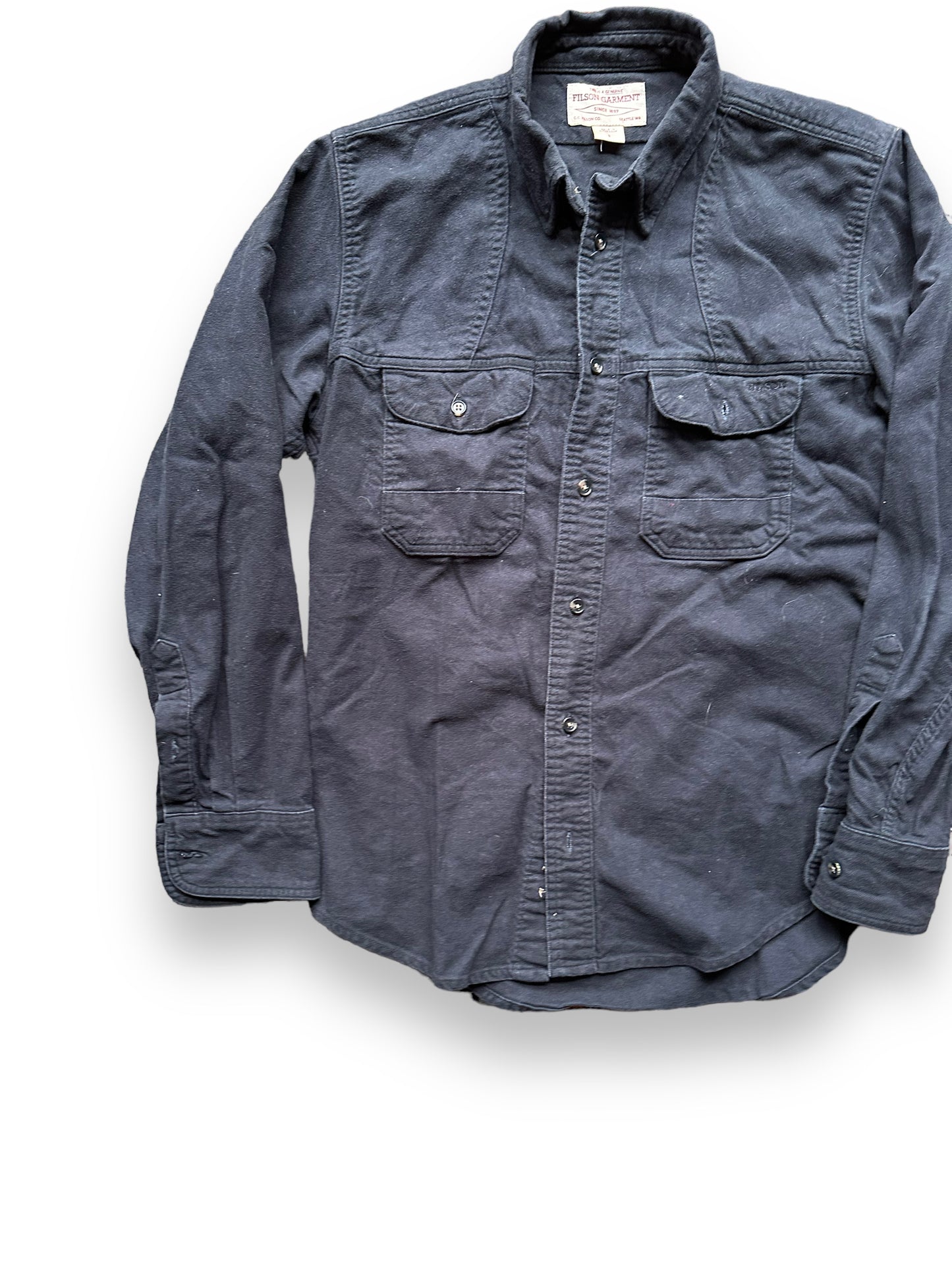 Front right of Filson Black Moleskin Shirt |  Barn Owl Vintage Goods | Vintage Filson Workwear Seattle