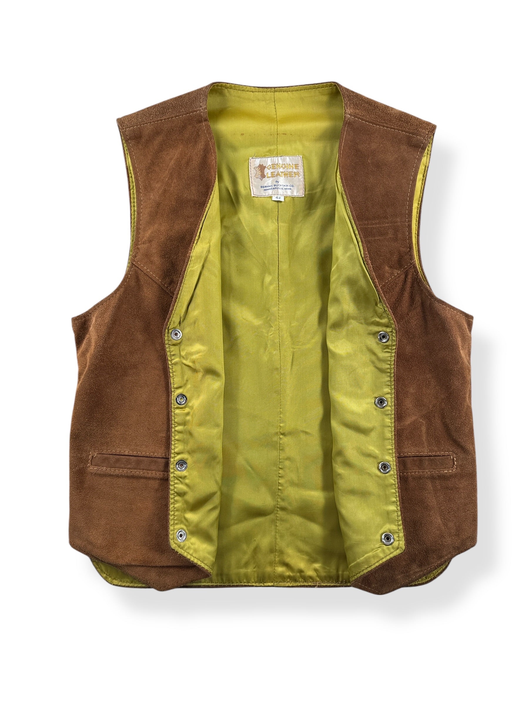 Front Close Up of Vintage Berman Buckskin Suede Vest SZ 42