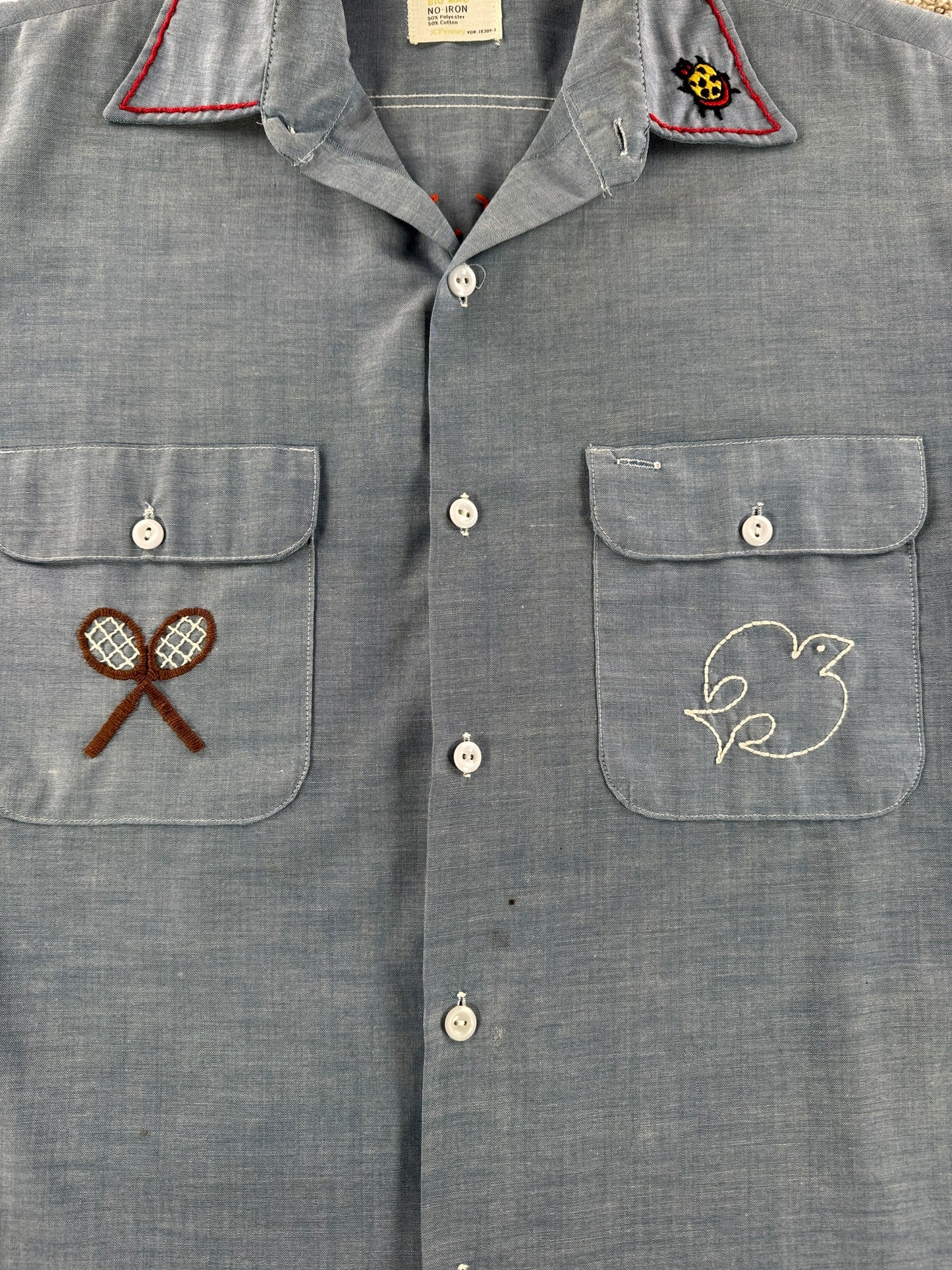 Embroidery on Vintage Hippie Embroidered Big Mac 50/50 Chambray Shirt SZ XL
