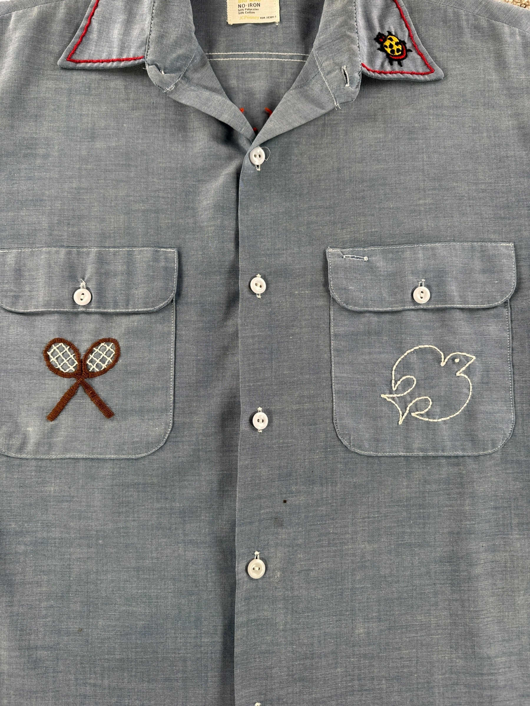 Embroidery on Vintage Hippie Embroidered Big Mac 50/50 Chambray Shirt SZ XL