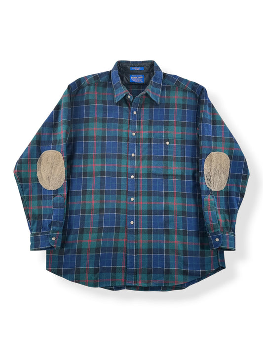 Front of Vintage Green & Navy Pendleton Flannel W/ Elbow Patches SZ XL