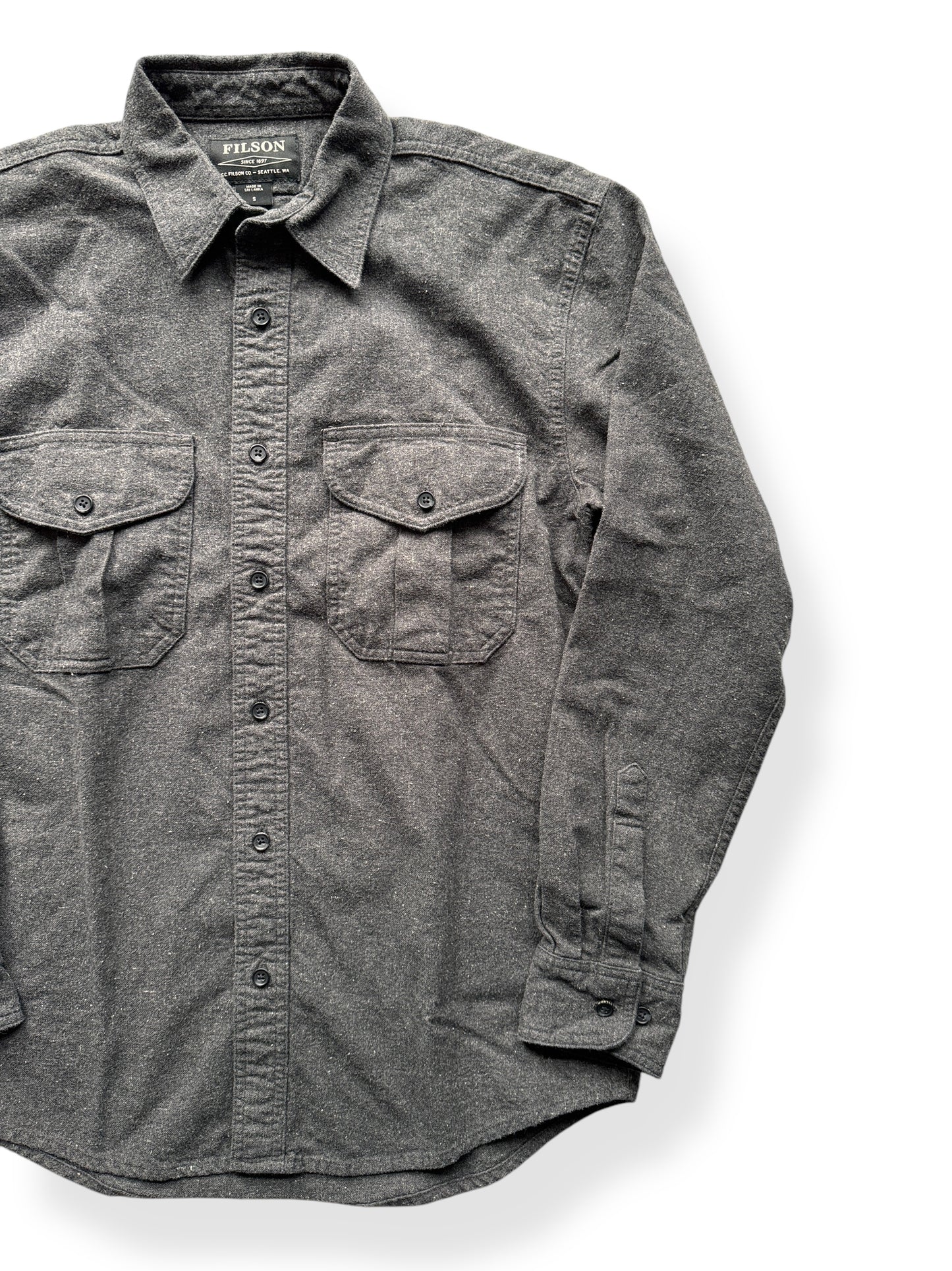 Front Left of Filson Dark Heather Grey Alaskan Guide Shirt SZ S