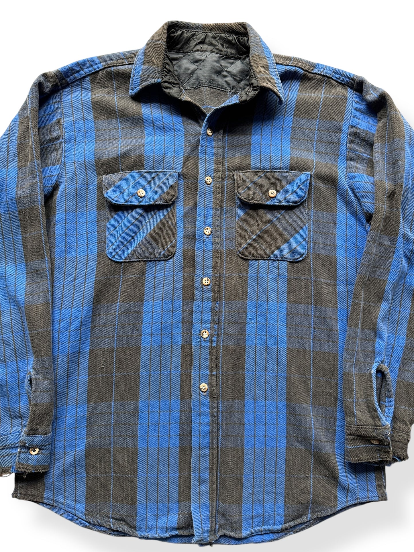 Front Close Up of Distressed Black & Blue Cotton Flannel SZ XL AS IS