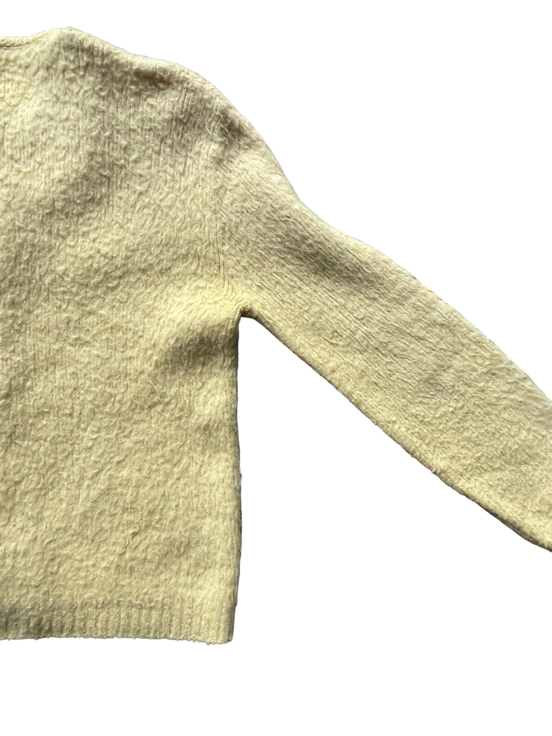 Back right side view of Vintage 1950s Yellow Orlon Mohair Cardigan | Barn Owl Sweaters | Seattle Vintage