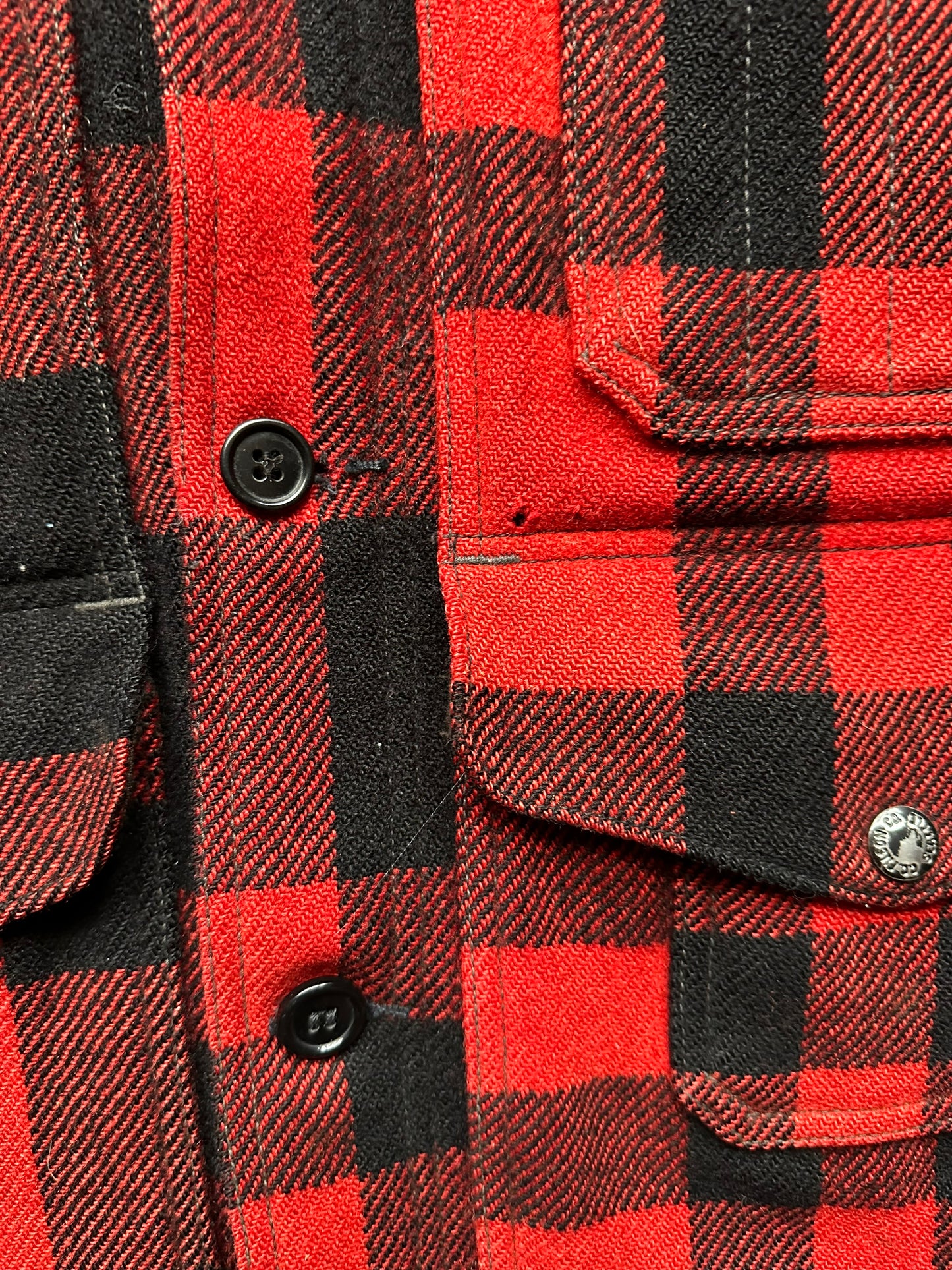 Small Moth Nibble on Left Upper Chest View on Vintage Sun Faded Union Made Filson  Red and Black Mackinaw Cruiser SZ 44 |  Vintage Filson Mackinaw | Vintage Filson Workwear Seattle