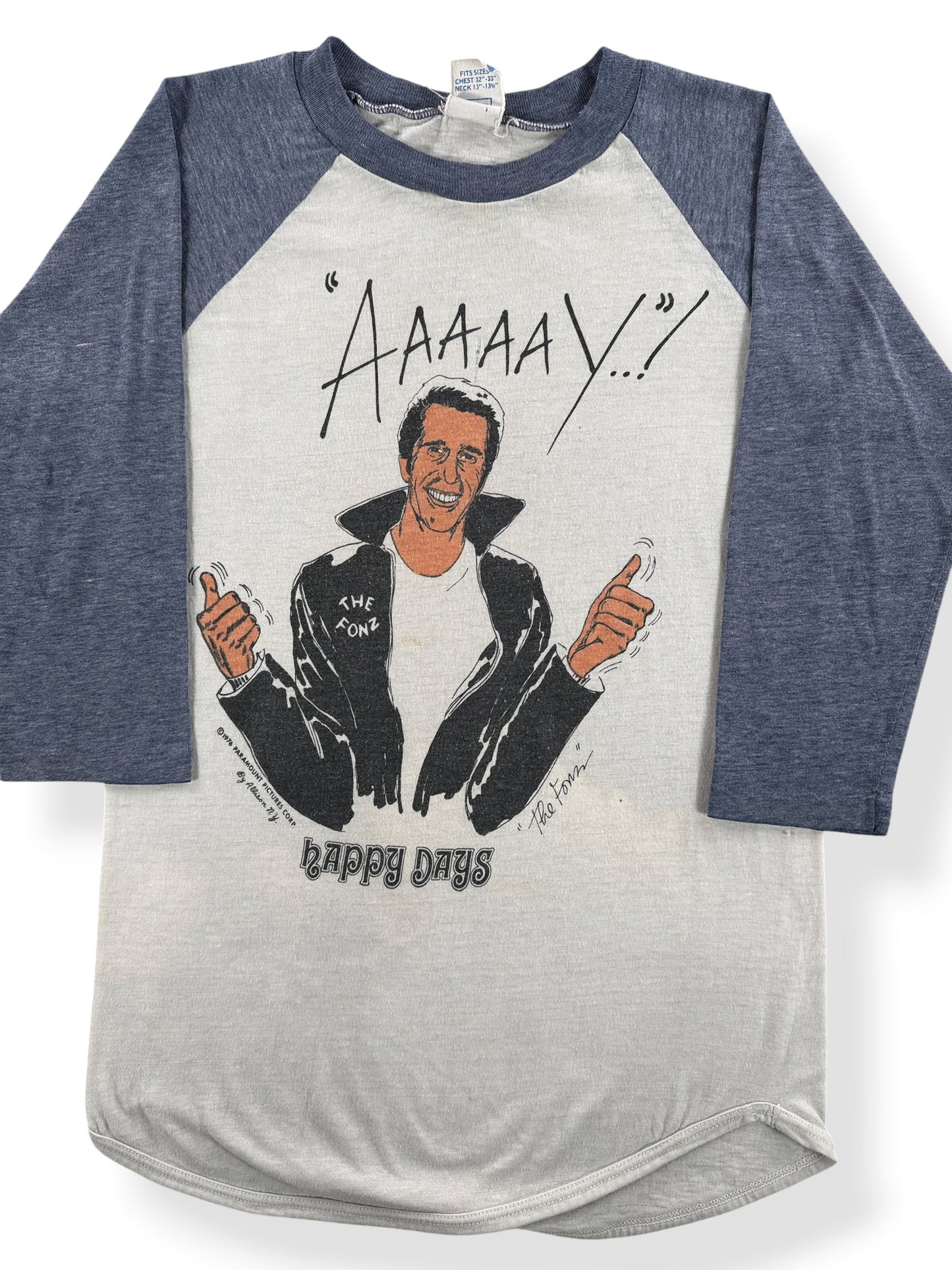 Close-up of Vintage Aaaay The Fonz Happy Days Baseball Tee SZ S (Fits XS)