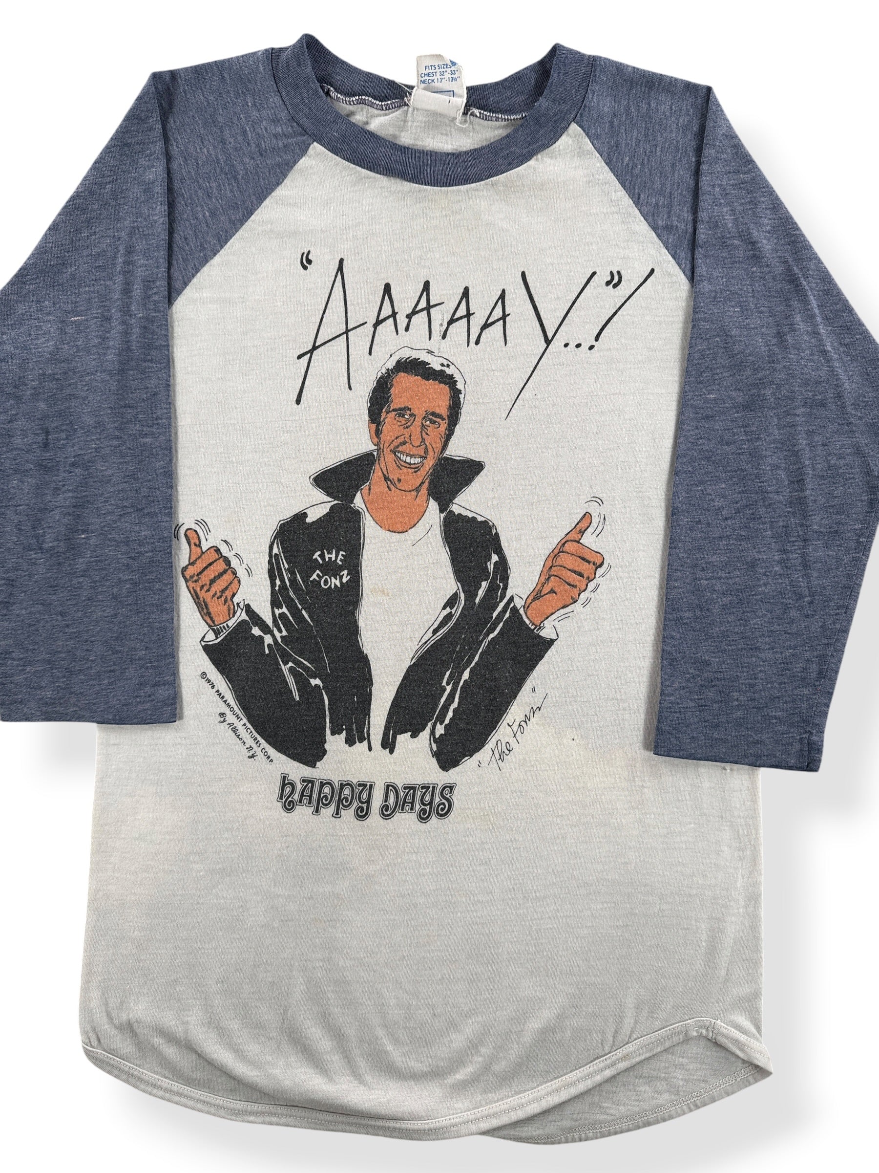 Close-up of Vintage Aaaay The Fonz Happy Days Baseball Tee SZ S (Fits XS)