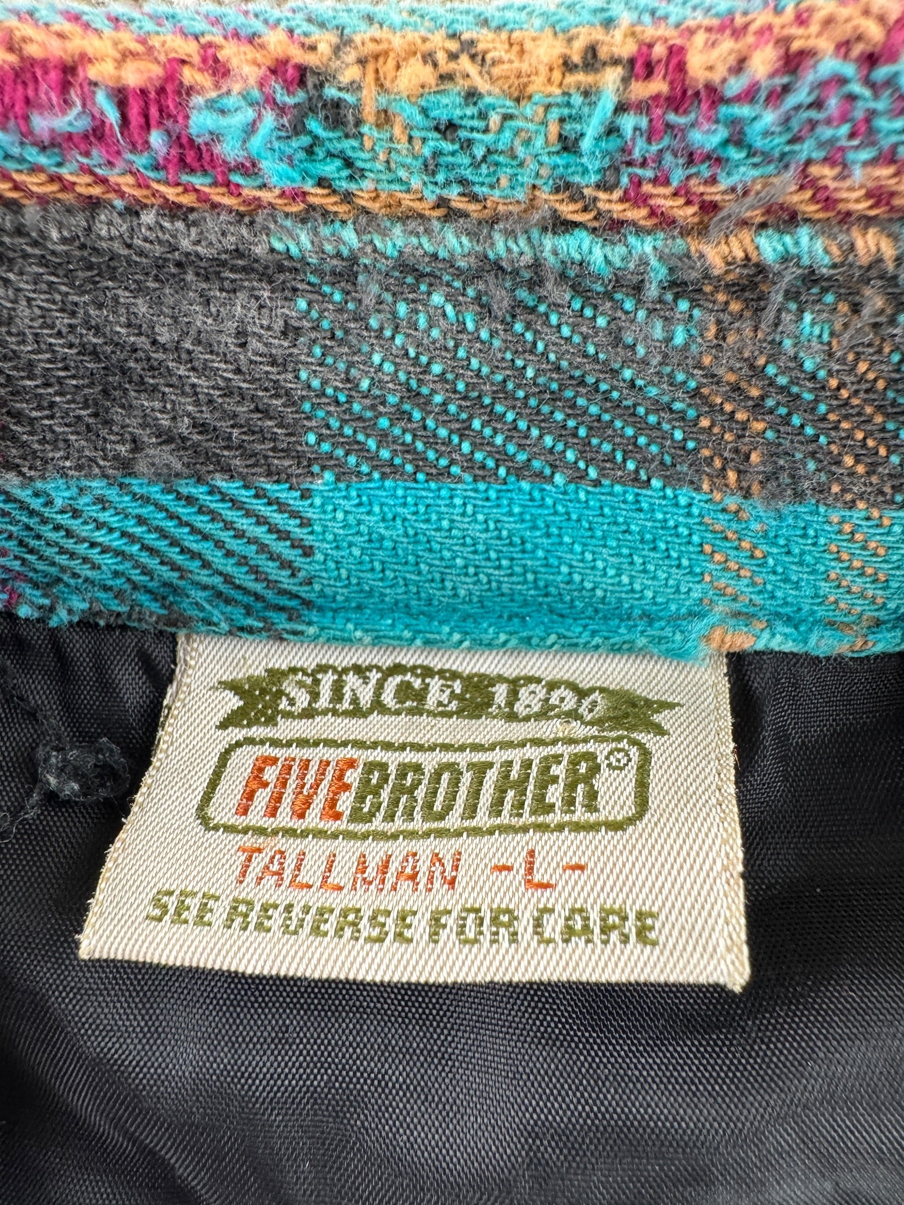 Tag on Vintage Five Brothers Quilted Pearlsnap Cotton Flannel SZ L