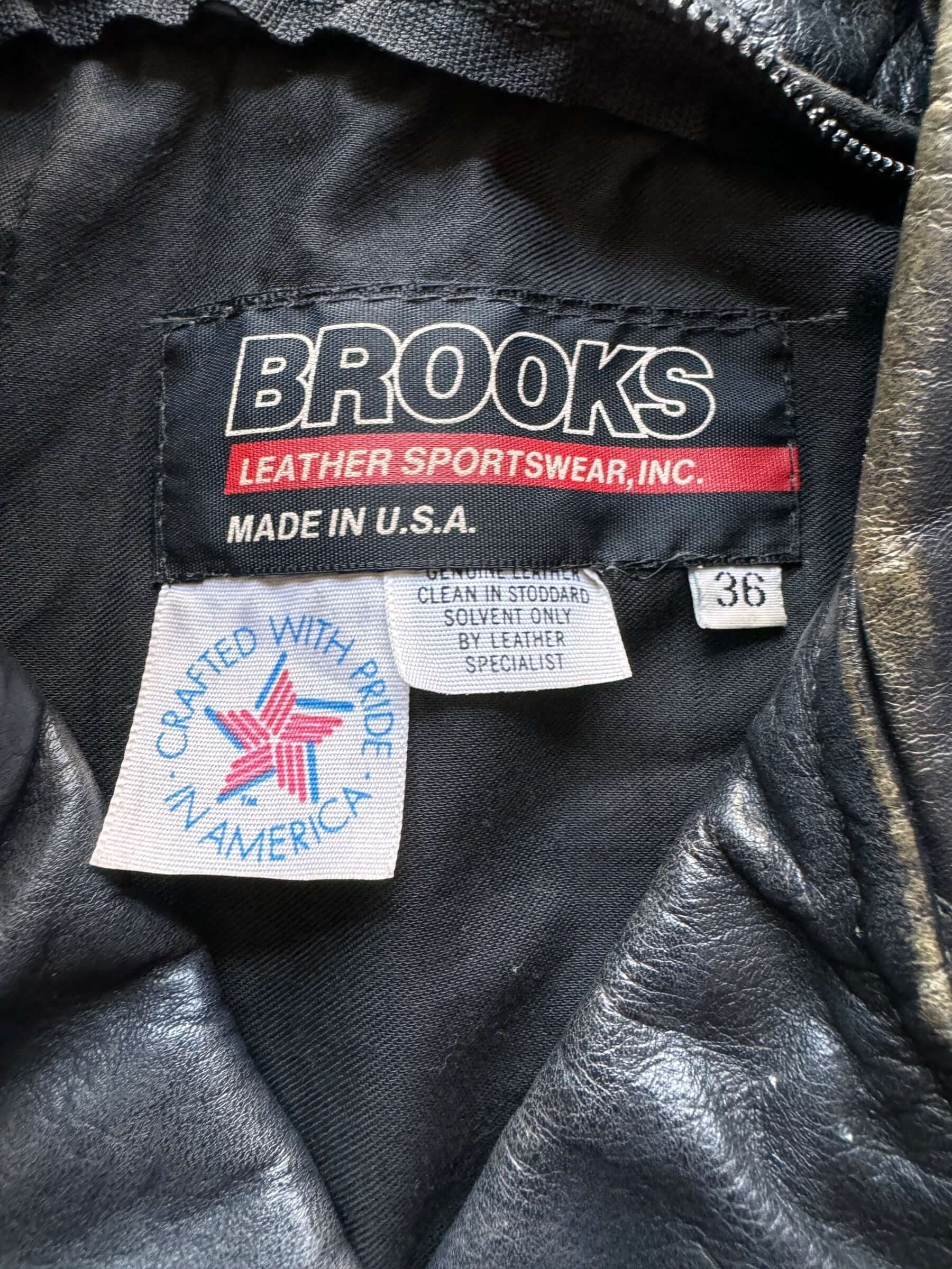 Tag View of Vintage Brooks Leather Jacket SZ 36