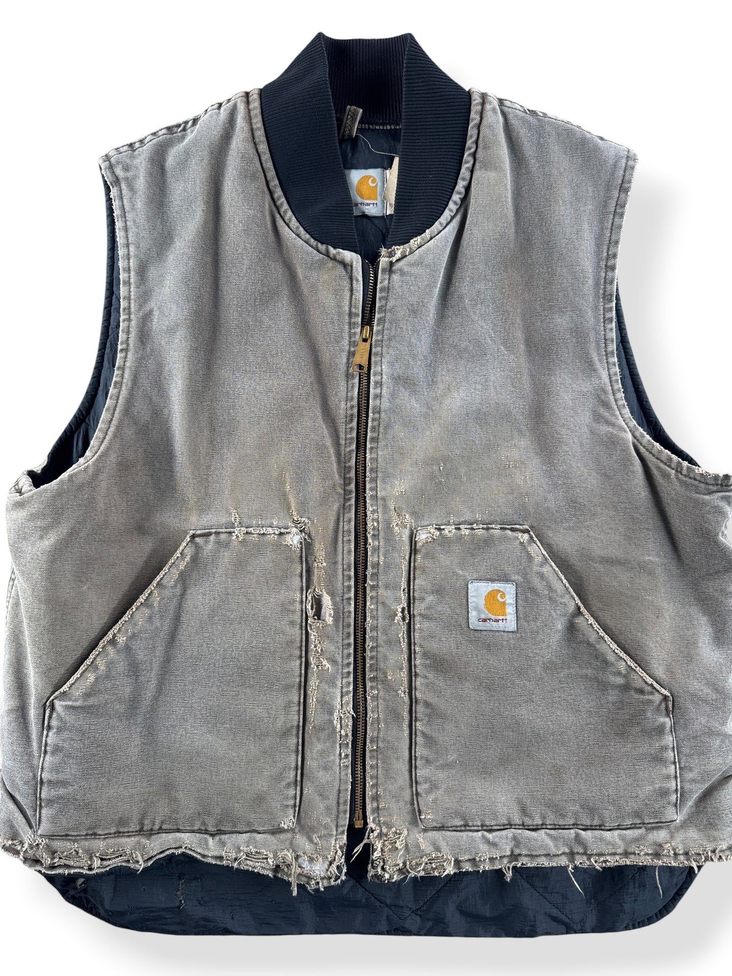 Front Close Up of Vintage Thrashed Carhartt Vest SZ XL