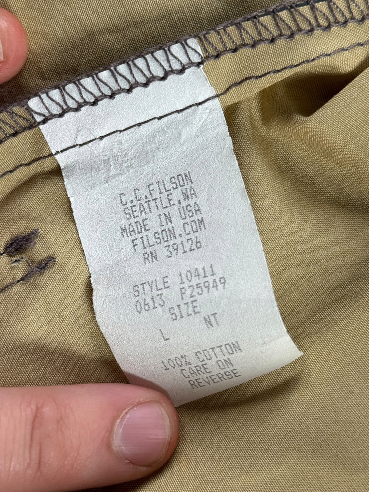 Inner tags on Filson Short Lined Cruiser SZ L