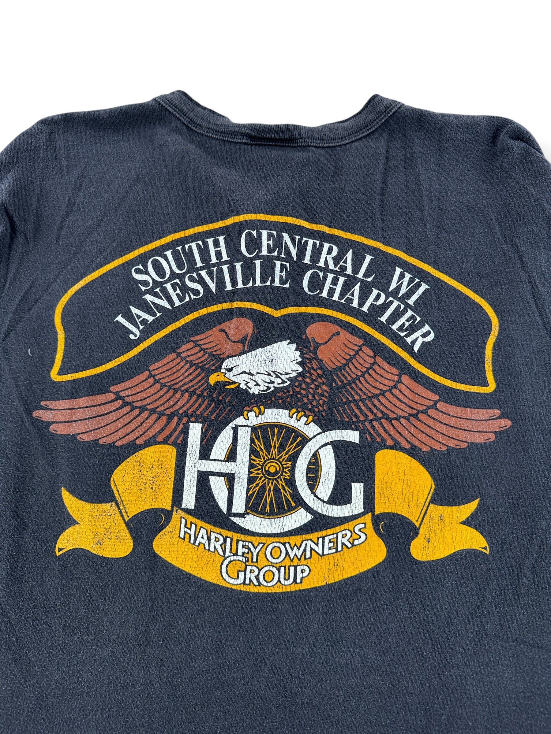 Back Graphic of Vintage Harley Davidson South Central WI Henley SZ L