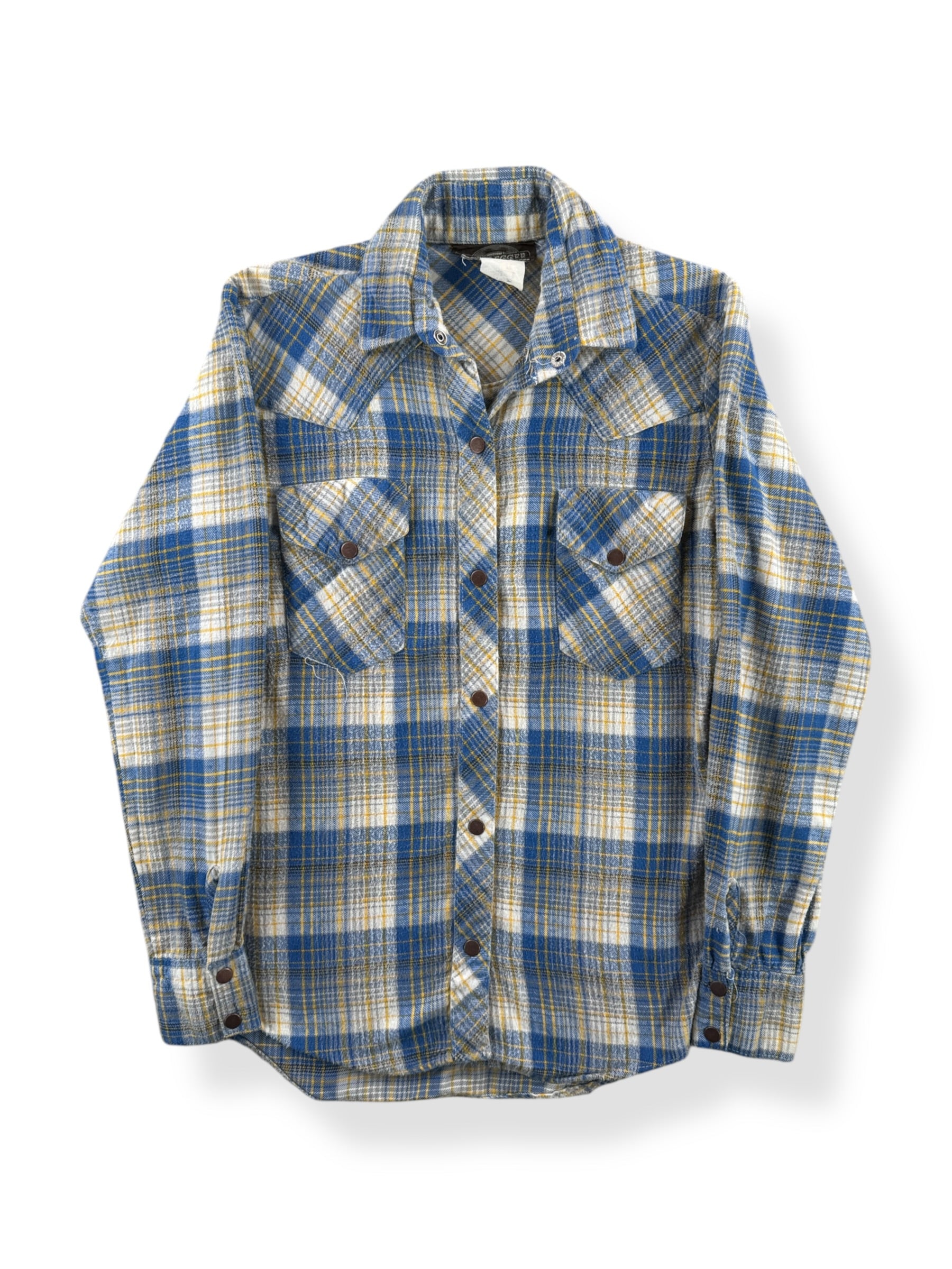 Front of VIntage Bootlegger Flannel Pearl Snap Shirt SZ S