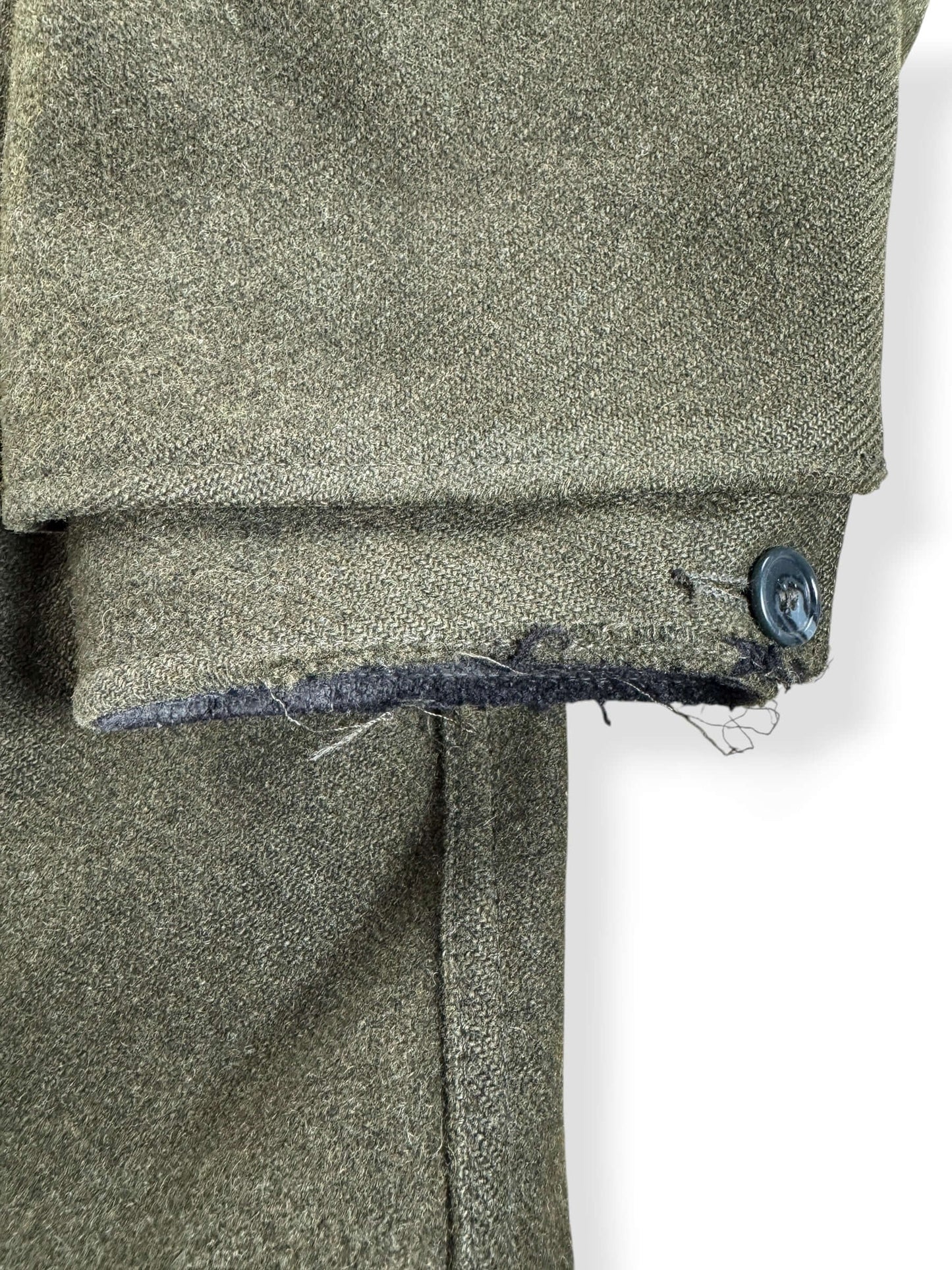 Frayed Cuff on Vintage 90s Era Filson Olive Green Double Mackinaw Jacket SZ 48