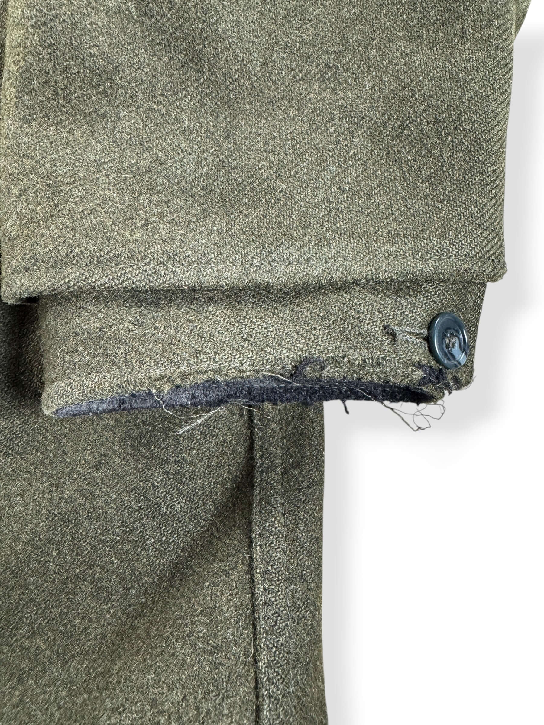 Frayed Cuff on Vintage 90s Era Filson Olive Green Double Mackinaw Jacket SZ 48
