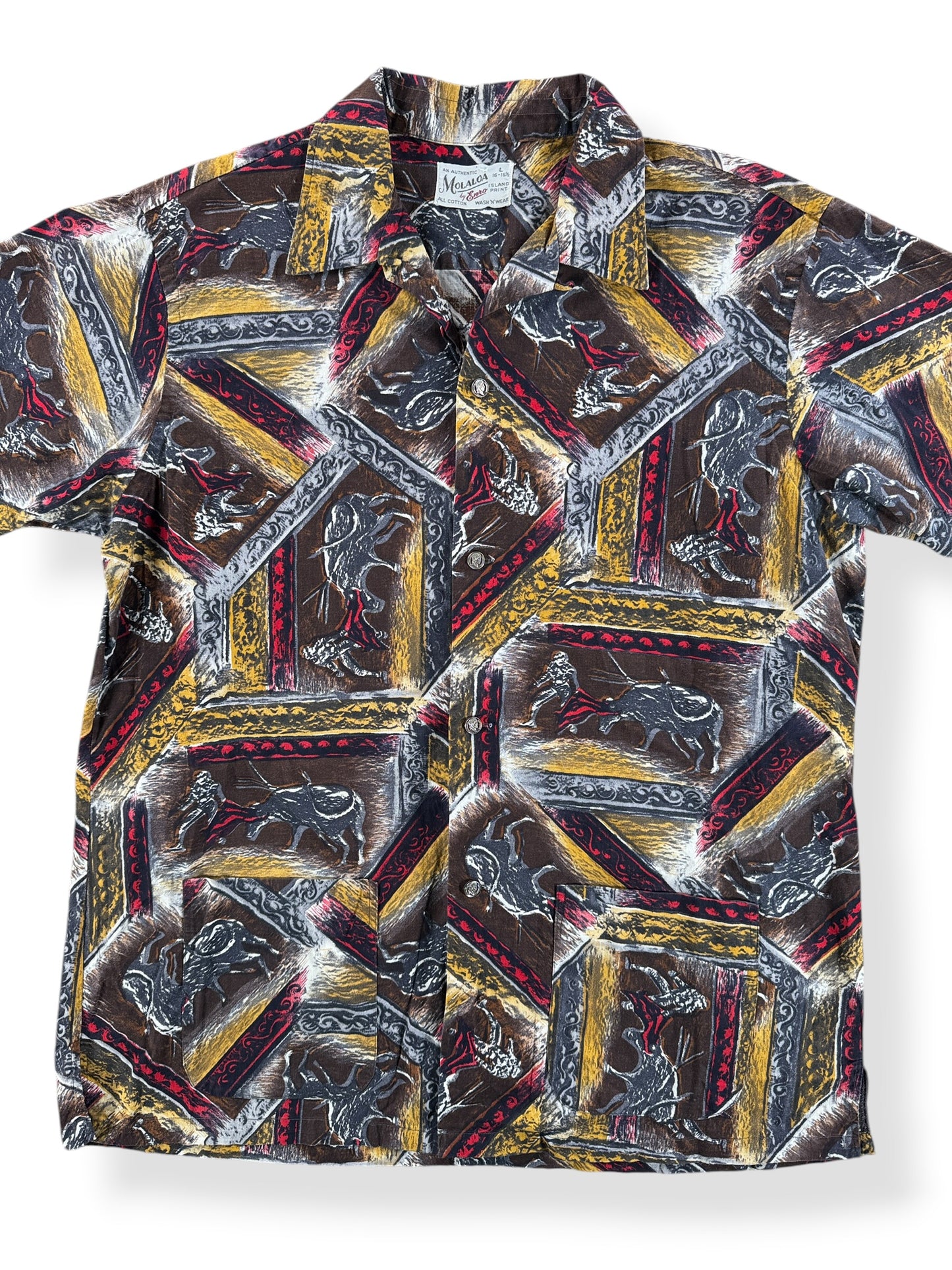 Front Close Up of Vintage 60s Bullfighting Loop Collar Shirt SZ L