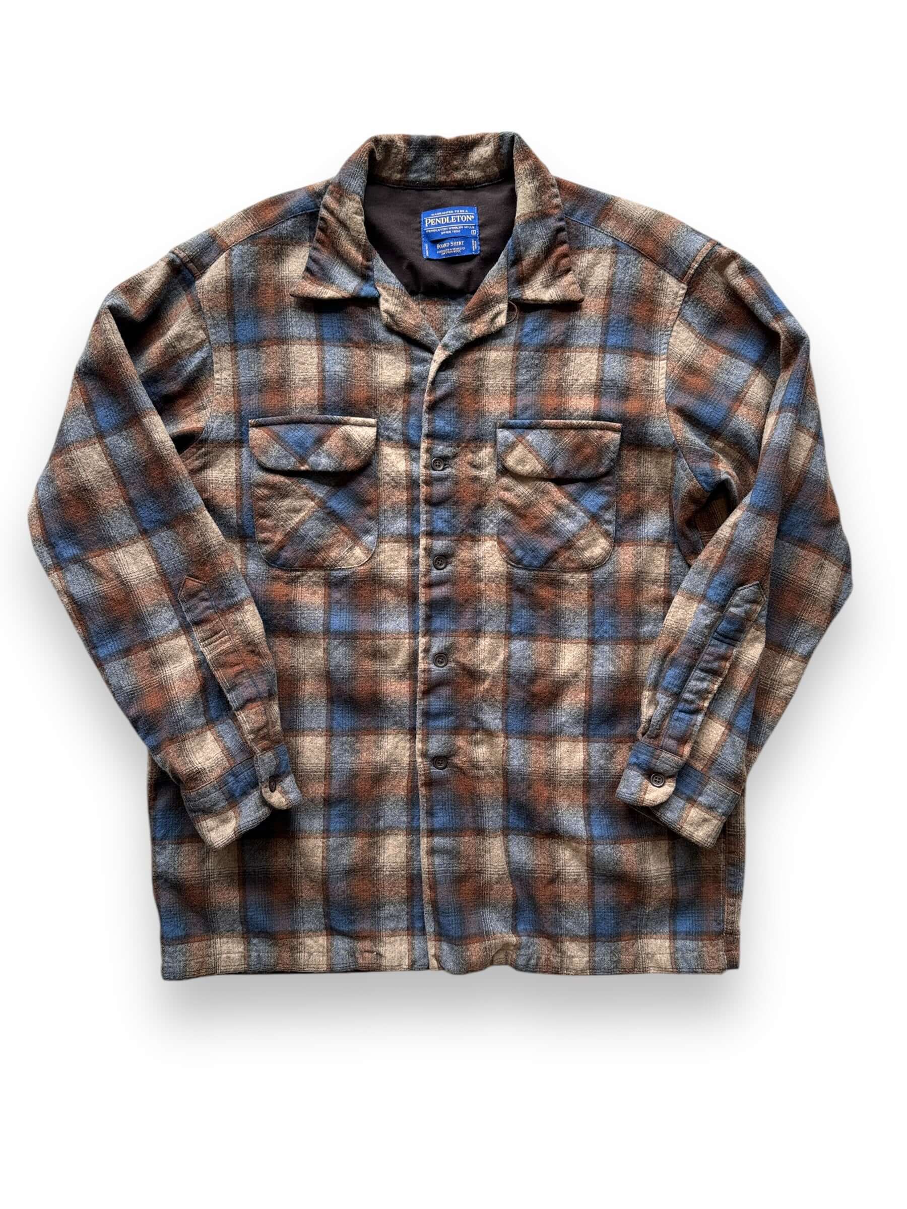 front of Vintage Pendleton Brown/Blue Wool Board Shirt SZ L