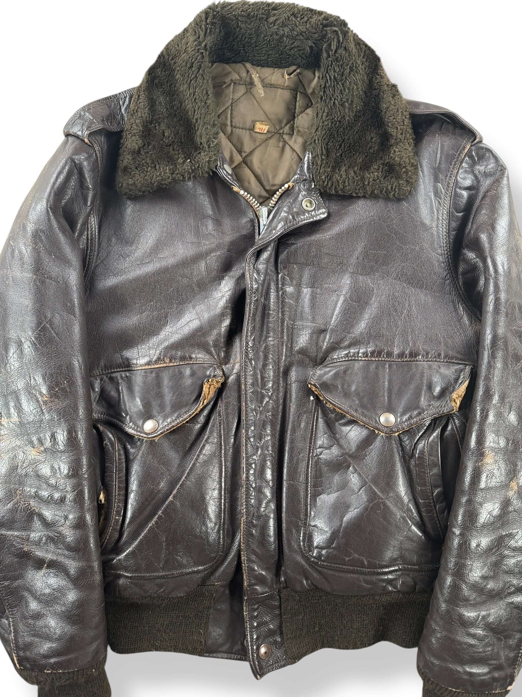 Front Close Up of Vintage Leather Bomber Jacket SZ 40 AS IS