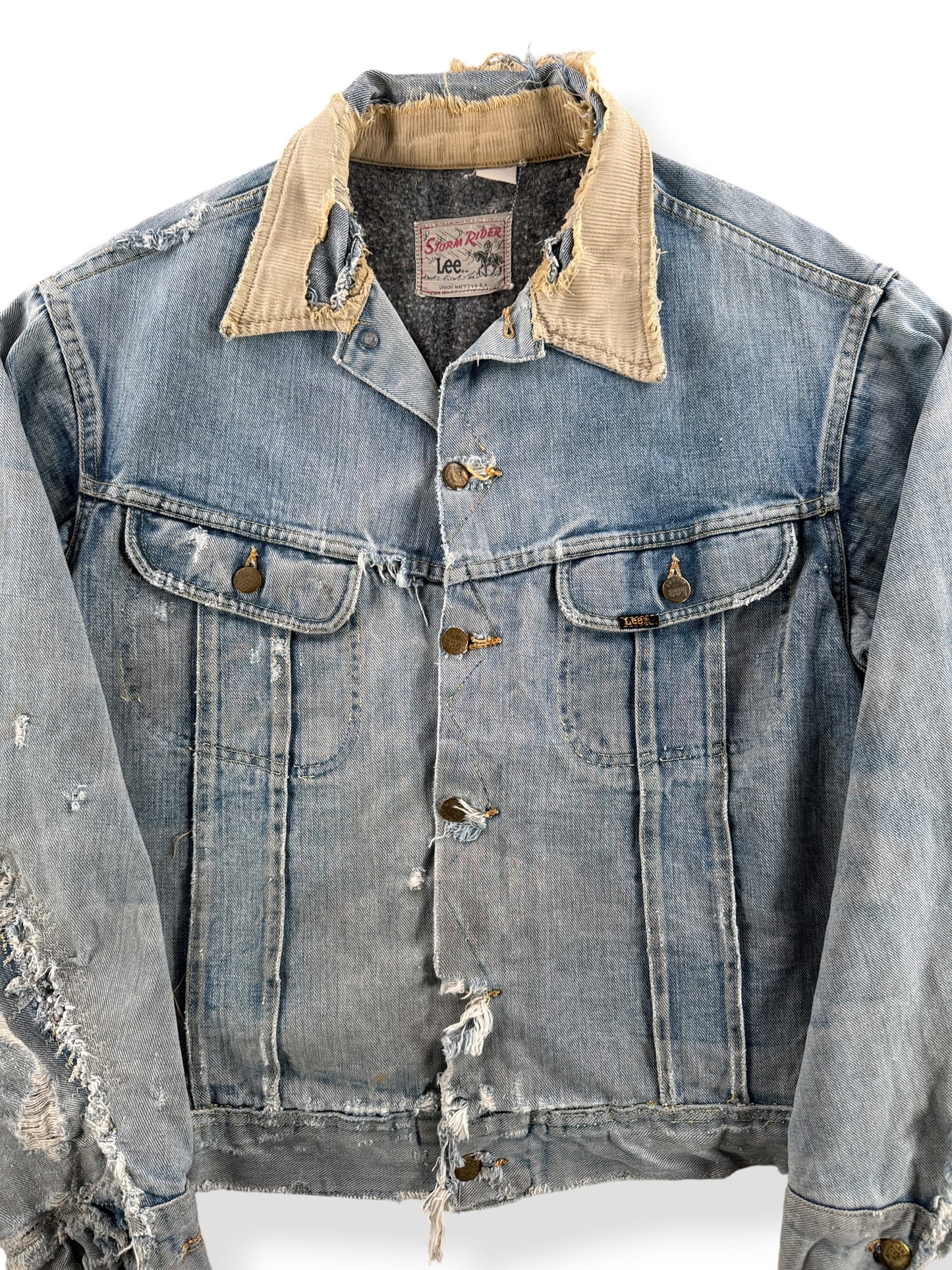 Front Close Up of Vintage Thrashed 70s Lee Storm Rider Denim Jacket SZ L