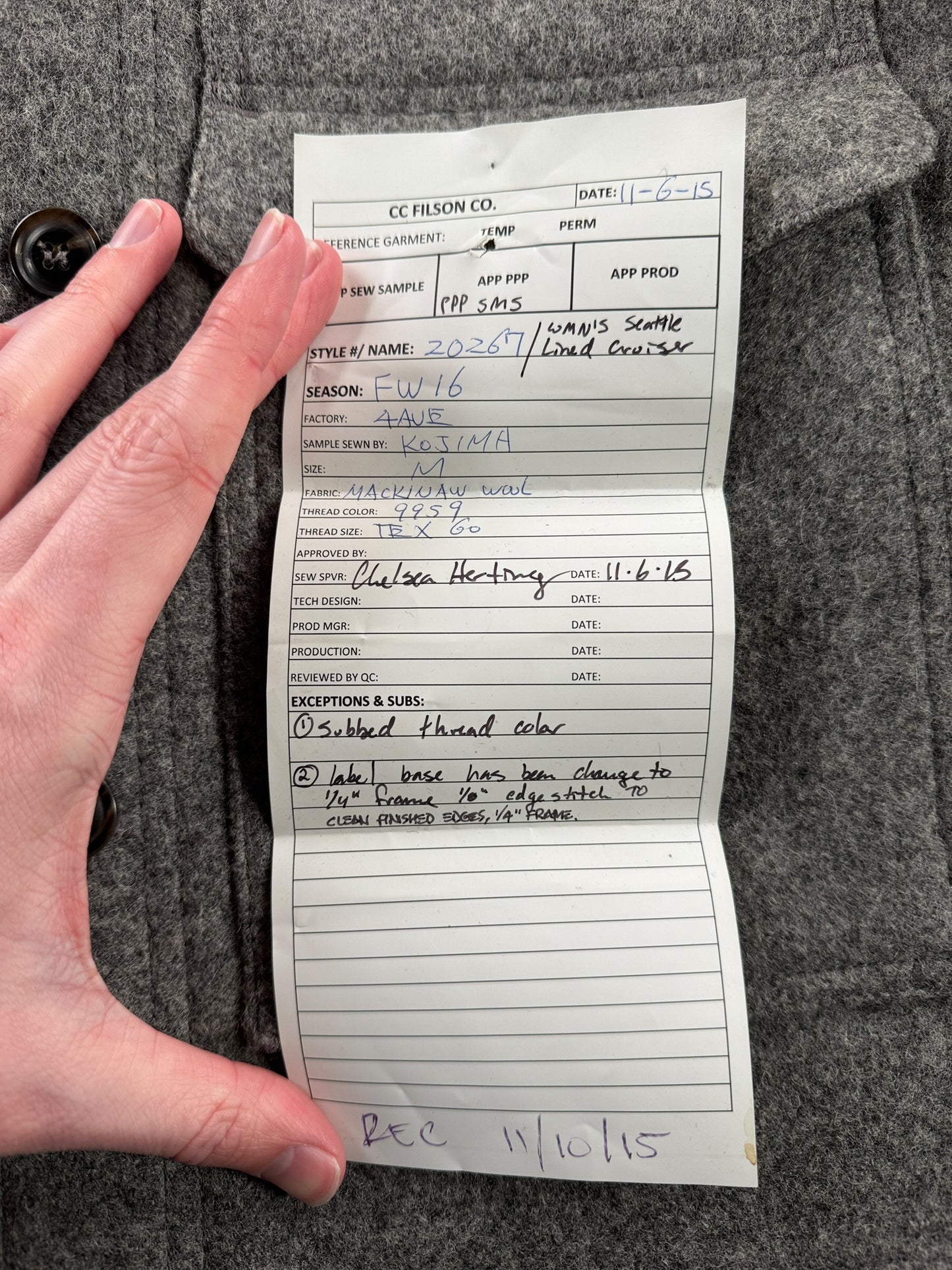 Sample Tag on Sample Filson Women's Grey Wool Jacket SZ M