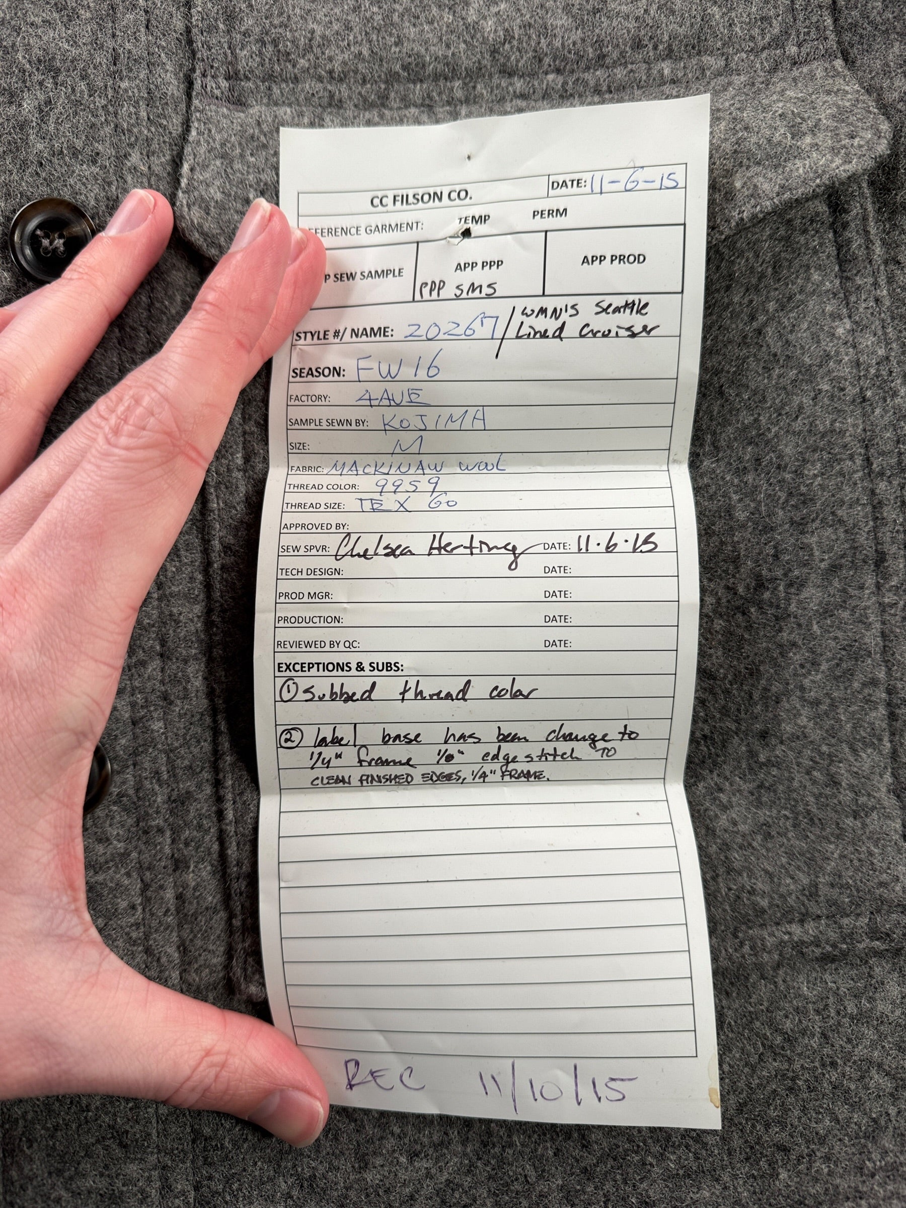 Sample Tag on Sample Filson Women's Grey Wool Jacket SZ M