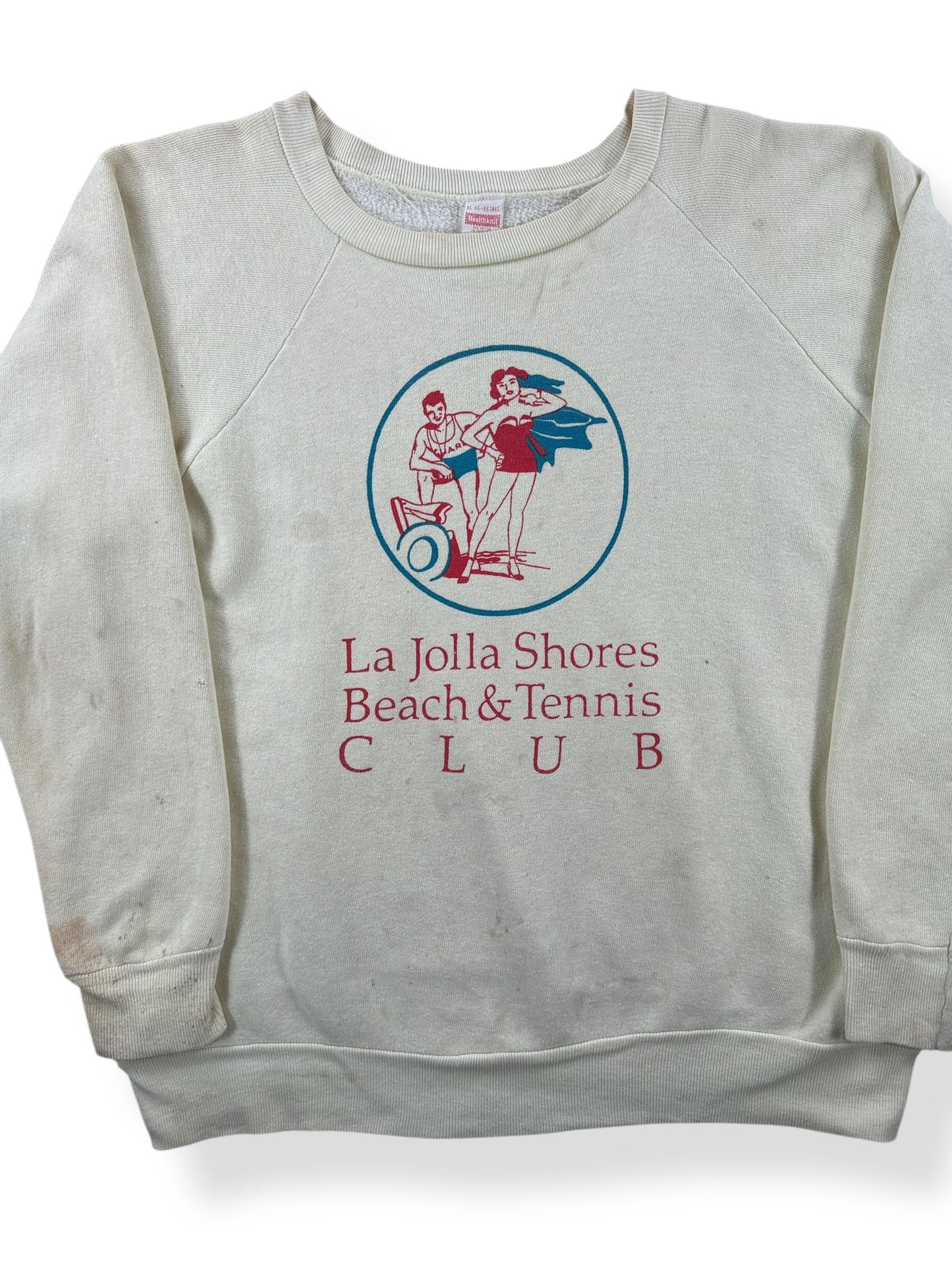 Front Close Up of Vintage La Jolla Shores Beach & Tennis Club Crewneck SZ XL