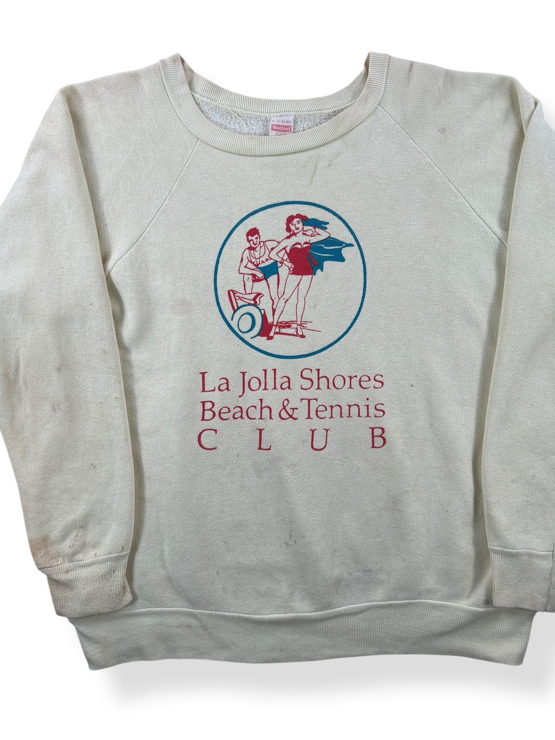 Front Close Up of Vintage La Jolla Shores Beach & Tennis Club Crewneck SZ XL
