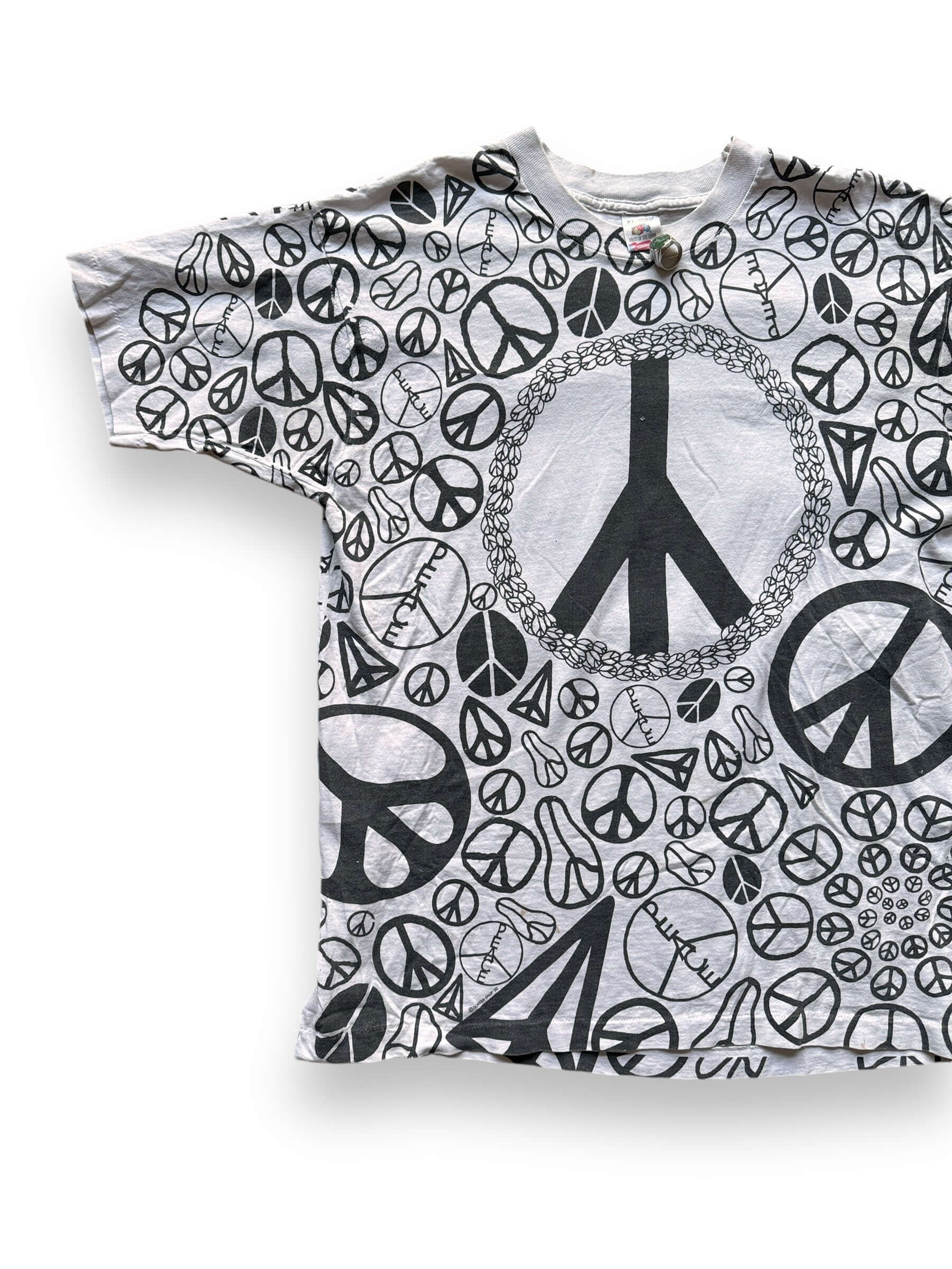 Front Right View of Vintage Single Stitch Peace Sign AOP Tee SZ XL