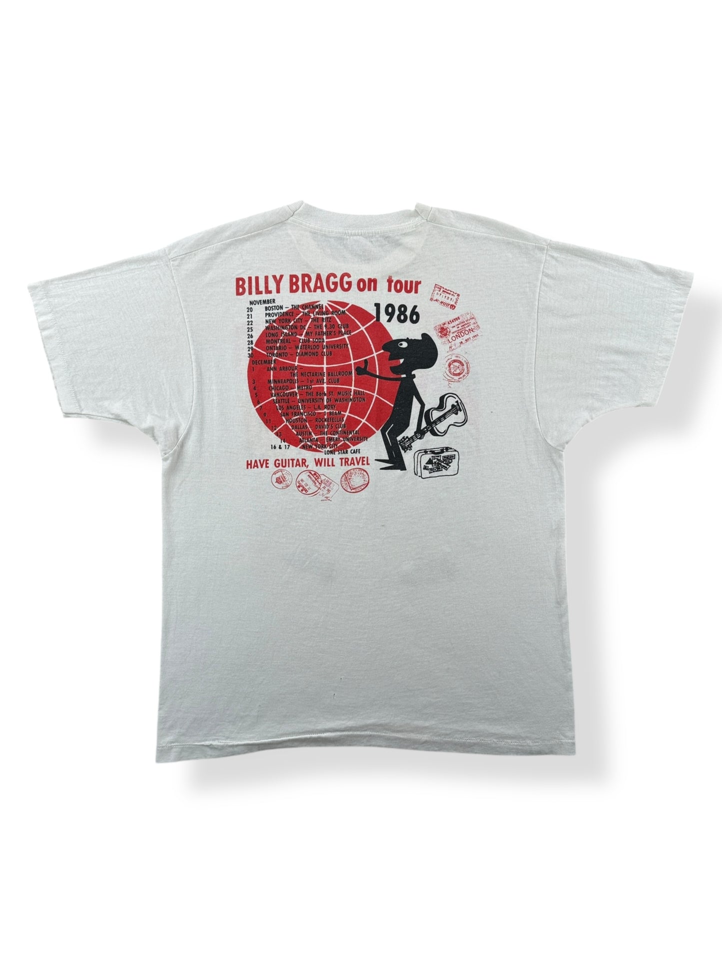 Back of Vintage Billy Bragg 1986 Have Guitar Will Travel Tour Tee SZ M