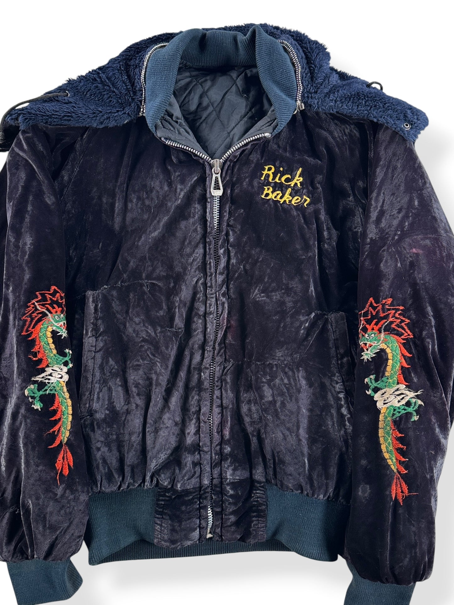 Front Close Up of Vintage Velvet Korea Hooded Souvenir Jacket SZ M - AS IS