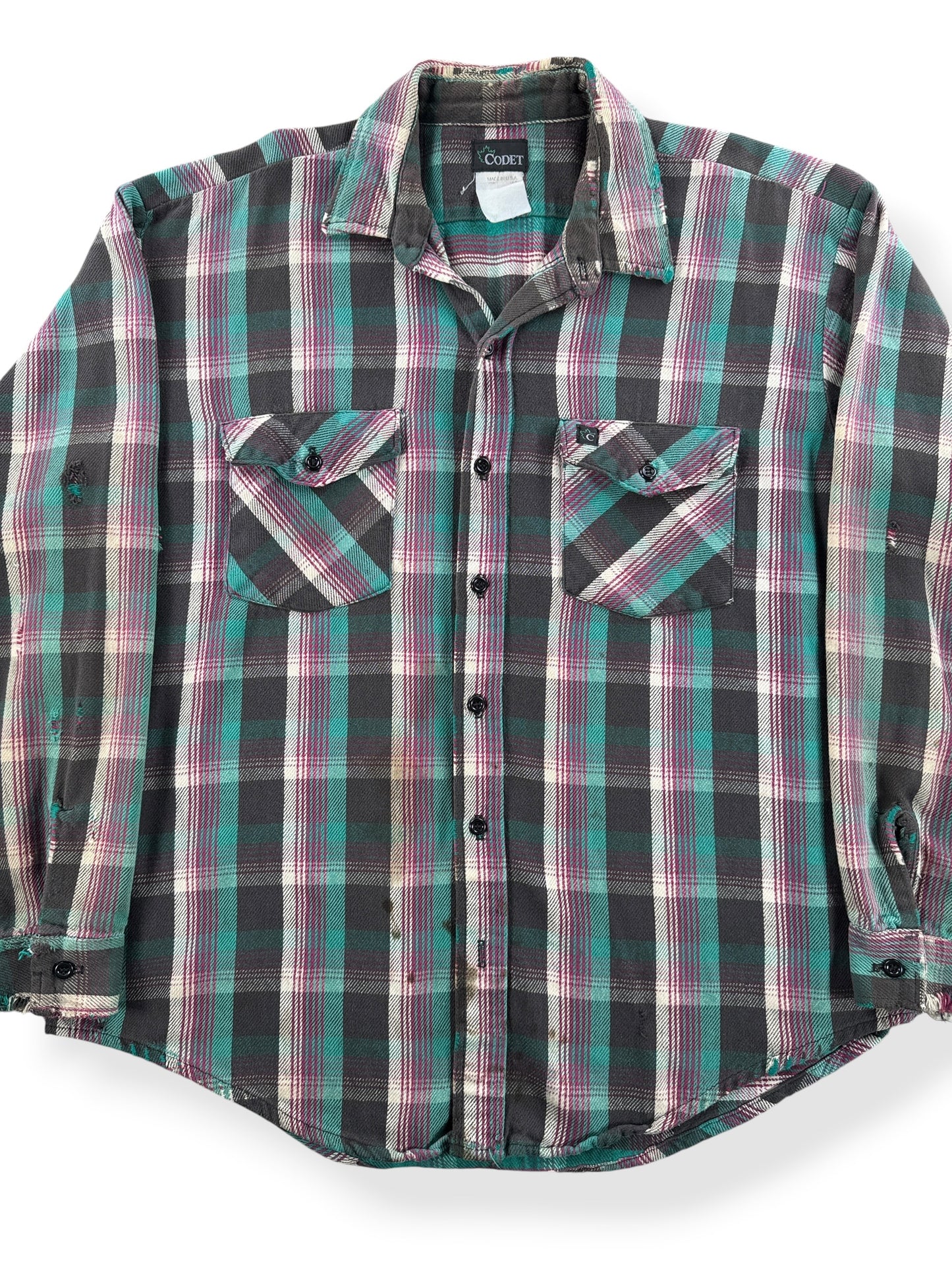 Front Close Up of Vintage 90s Distressed Codet Cotton Flannel SZ XL
