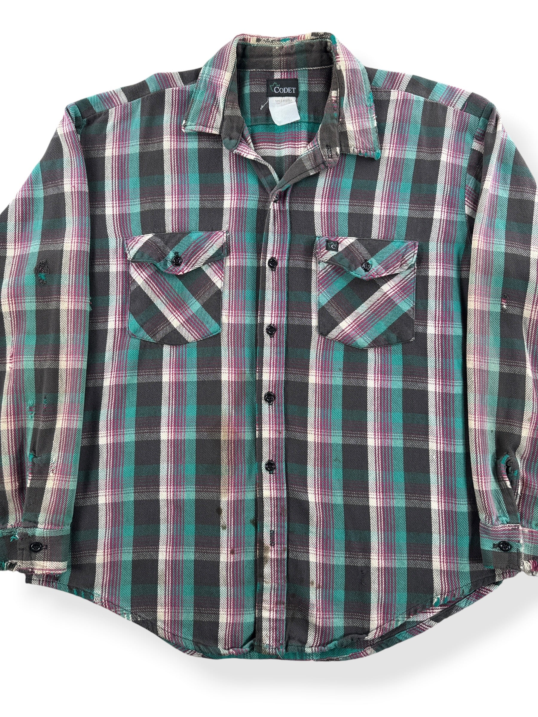 Front Close Up of Vintage 90s Distressed Codet Cotton Flannel SZ XL
