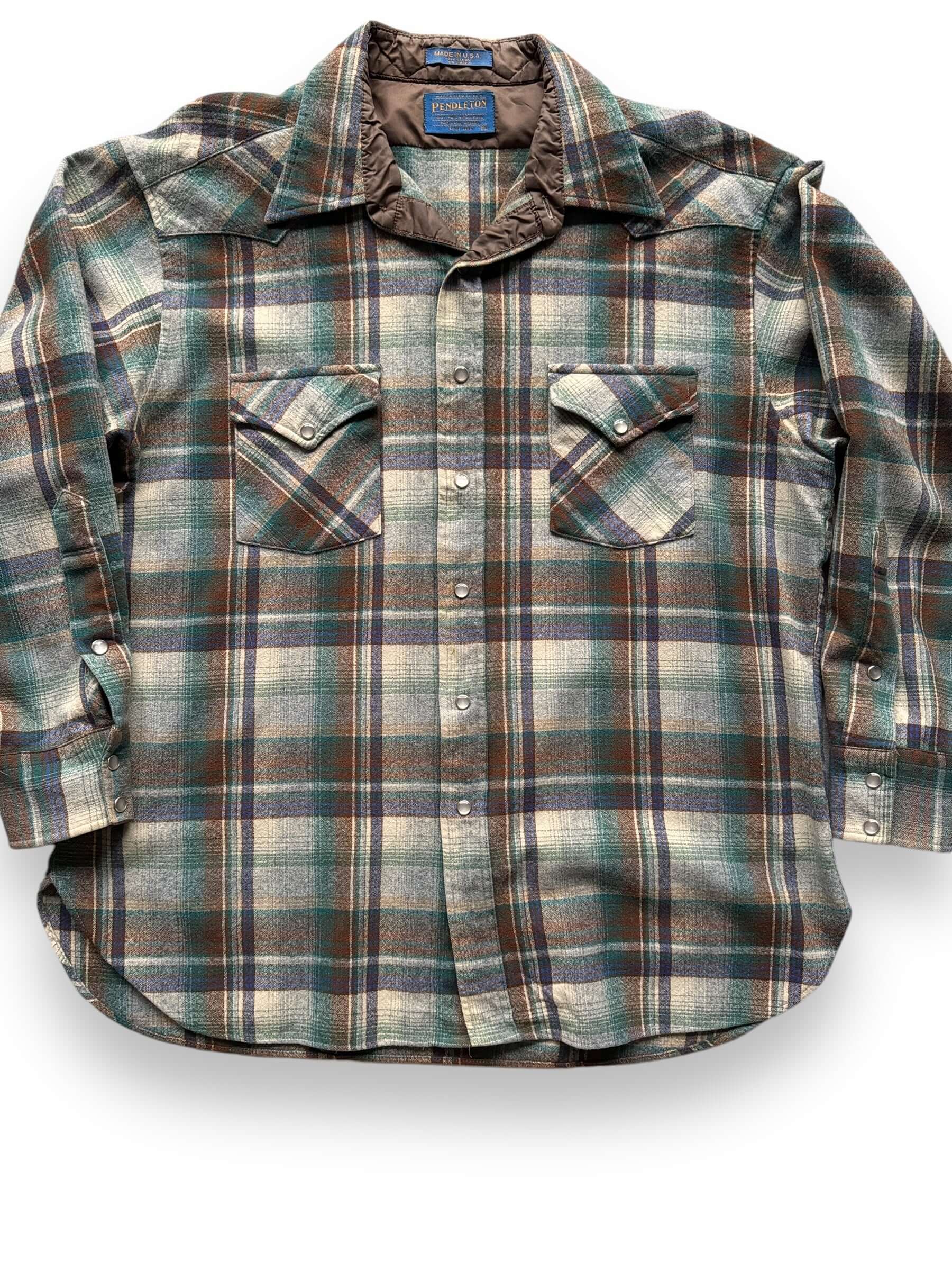 front close up of Vintage Pendleton Green/Brown Plaid Pearlsnap Flannel SZ XL