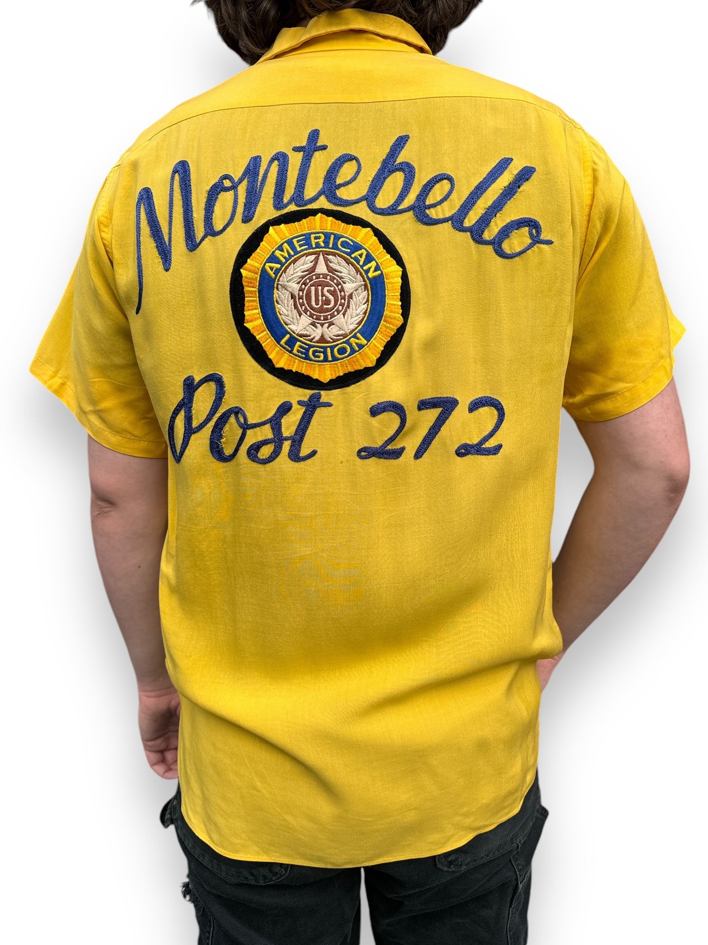 Rear Detail on Body Shot of Vintage Yellow Rayon Montebello Bowling Shirt SZ L