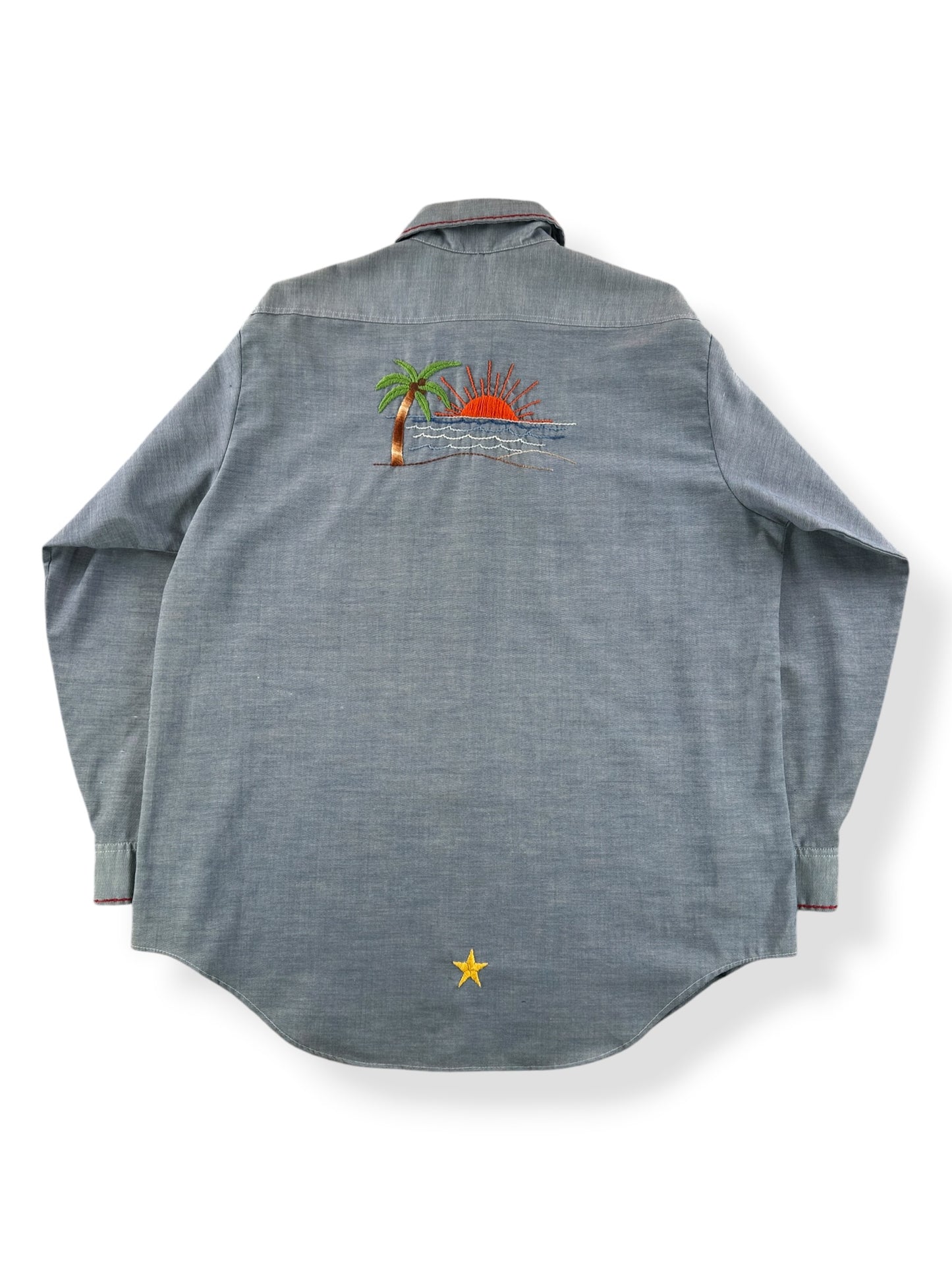 Back of Vintage Hippie Embroidered Big Mac 50/50 Chambray Shirt SZ XL