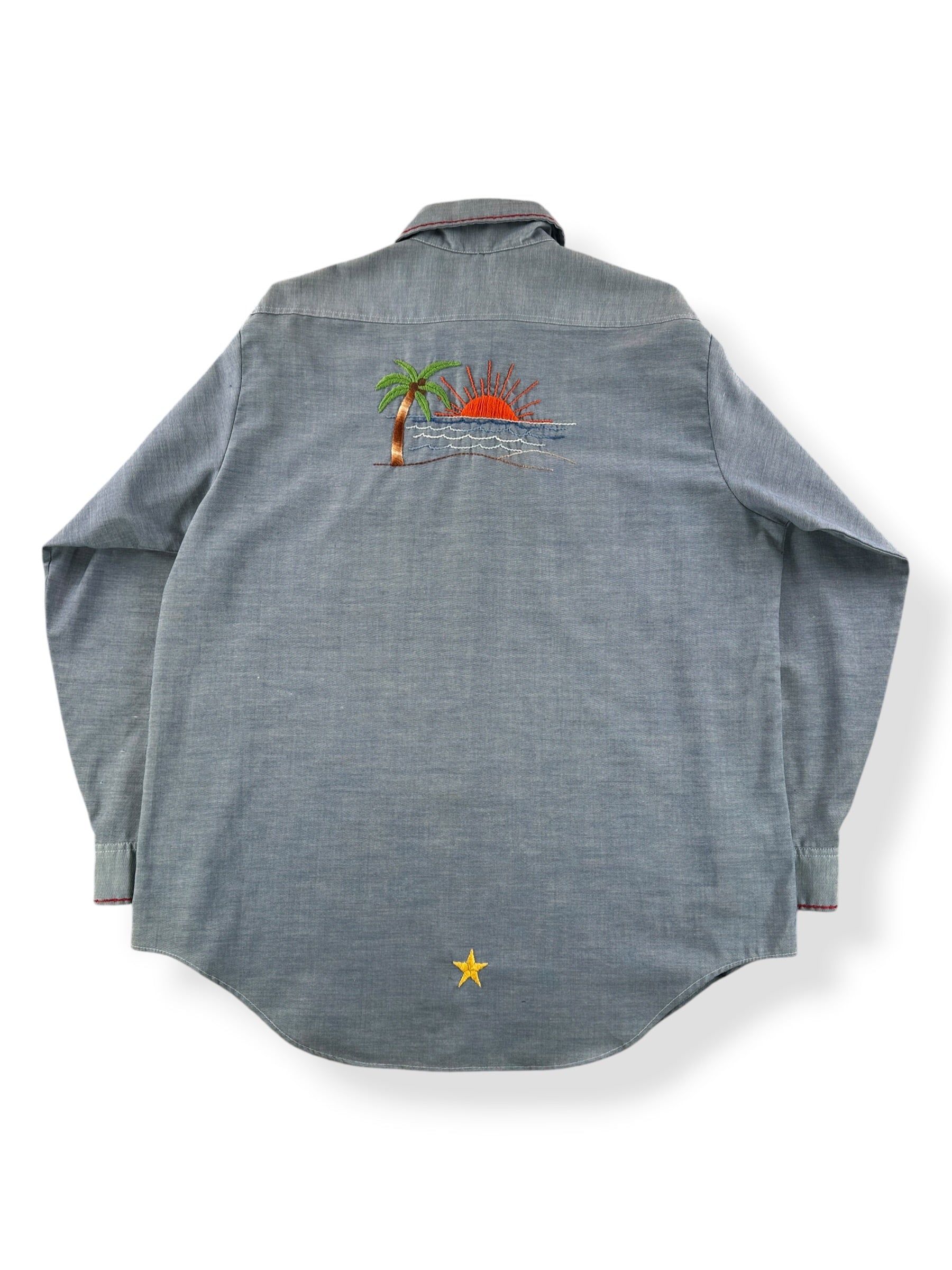 Back of Vintage Hippie Embroidered Big Mac 50/50 Chambray Shirt SZ XL