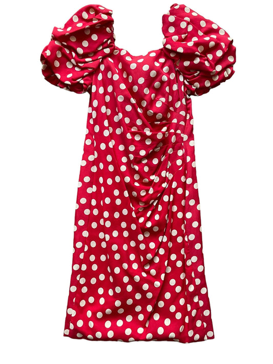 Full front view of 1980s Poofy Red Polka Dot Wiggle Dress M-L