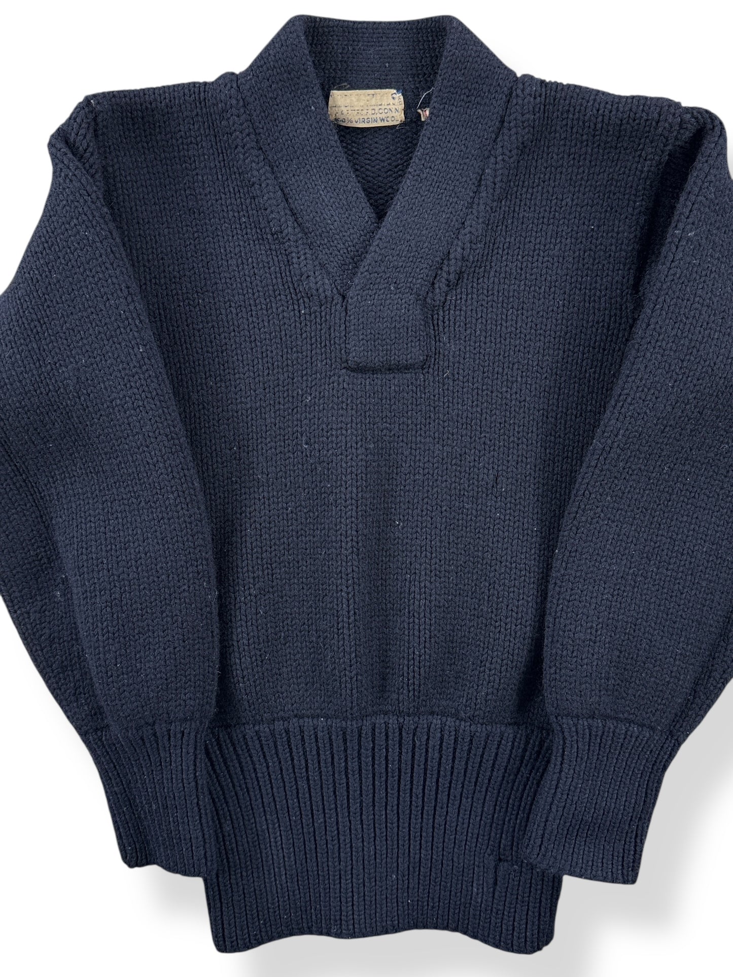Front Close Up of Vintage Lyon Mills Naval Wool Sweater SZ XS