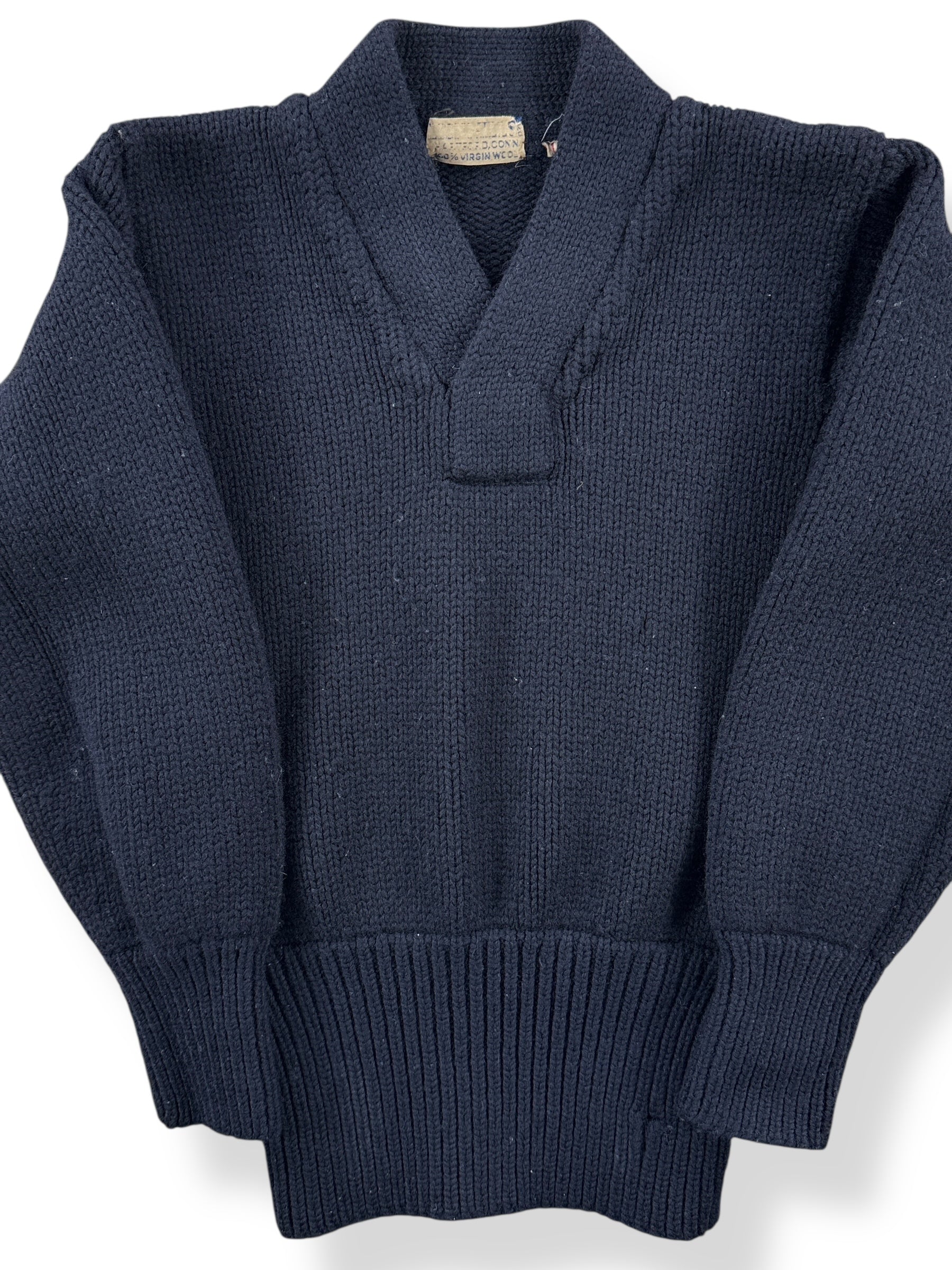 Front Close Up of Vintage Lyon Mills Naval Wool Sweater SZ XS