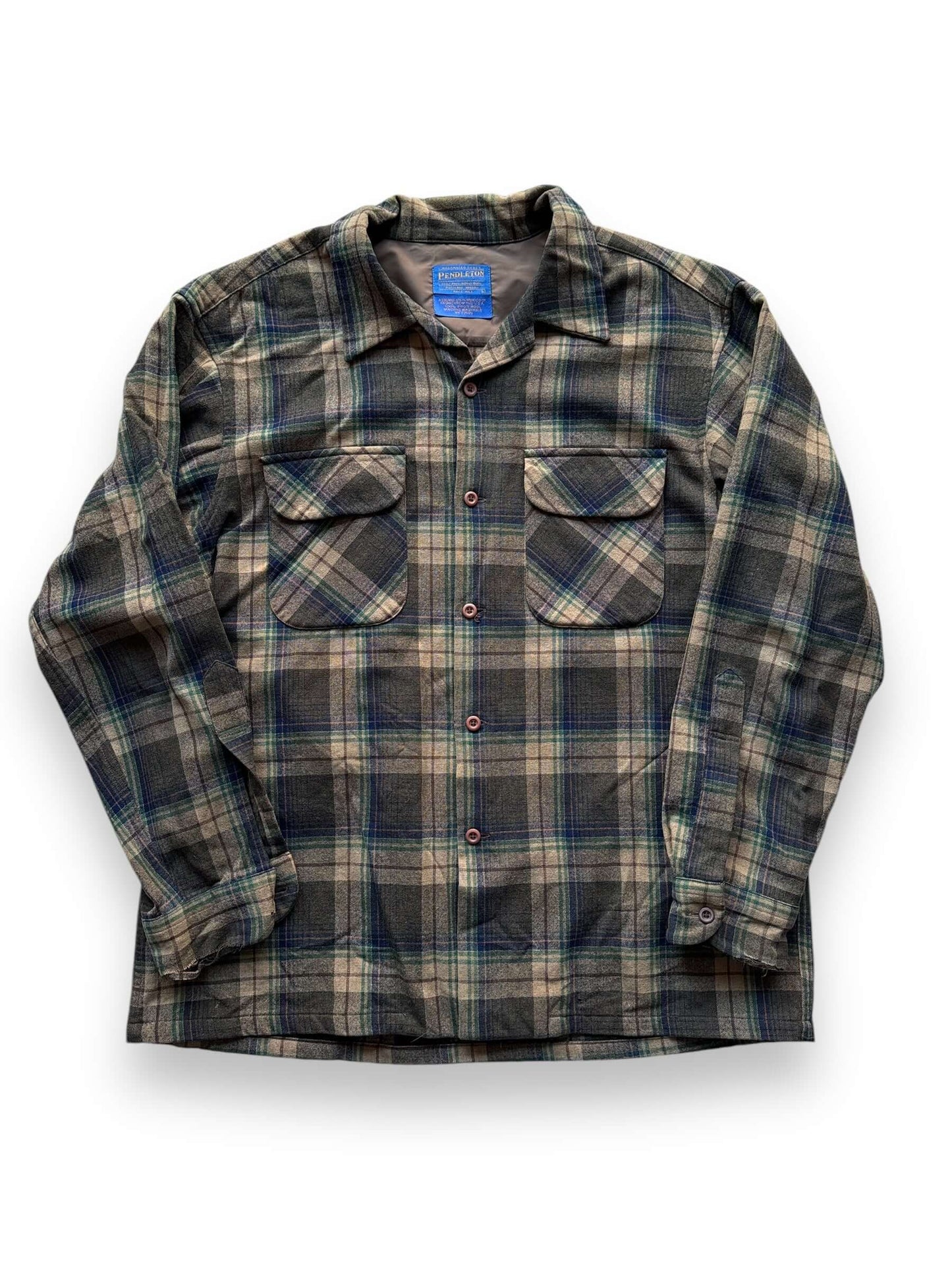 front of Vintage Pendleton Brown/Green/Navy Board Shirt Flannel SZ L