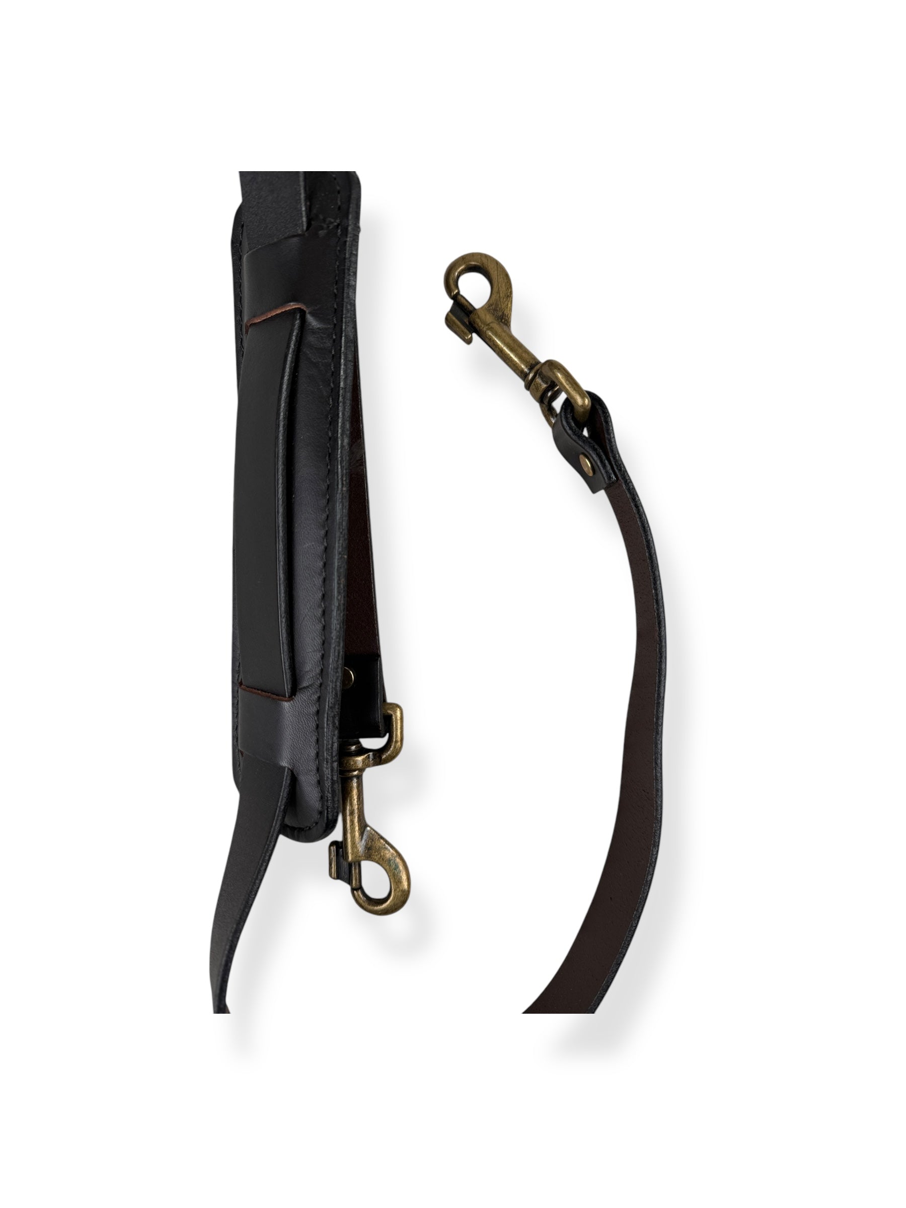 View of Brass Hardware & padded strap on Filson Bridle Leather Shoulder Strap