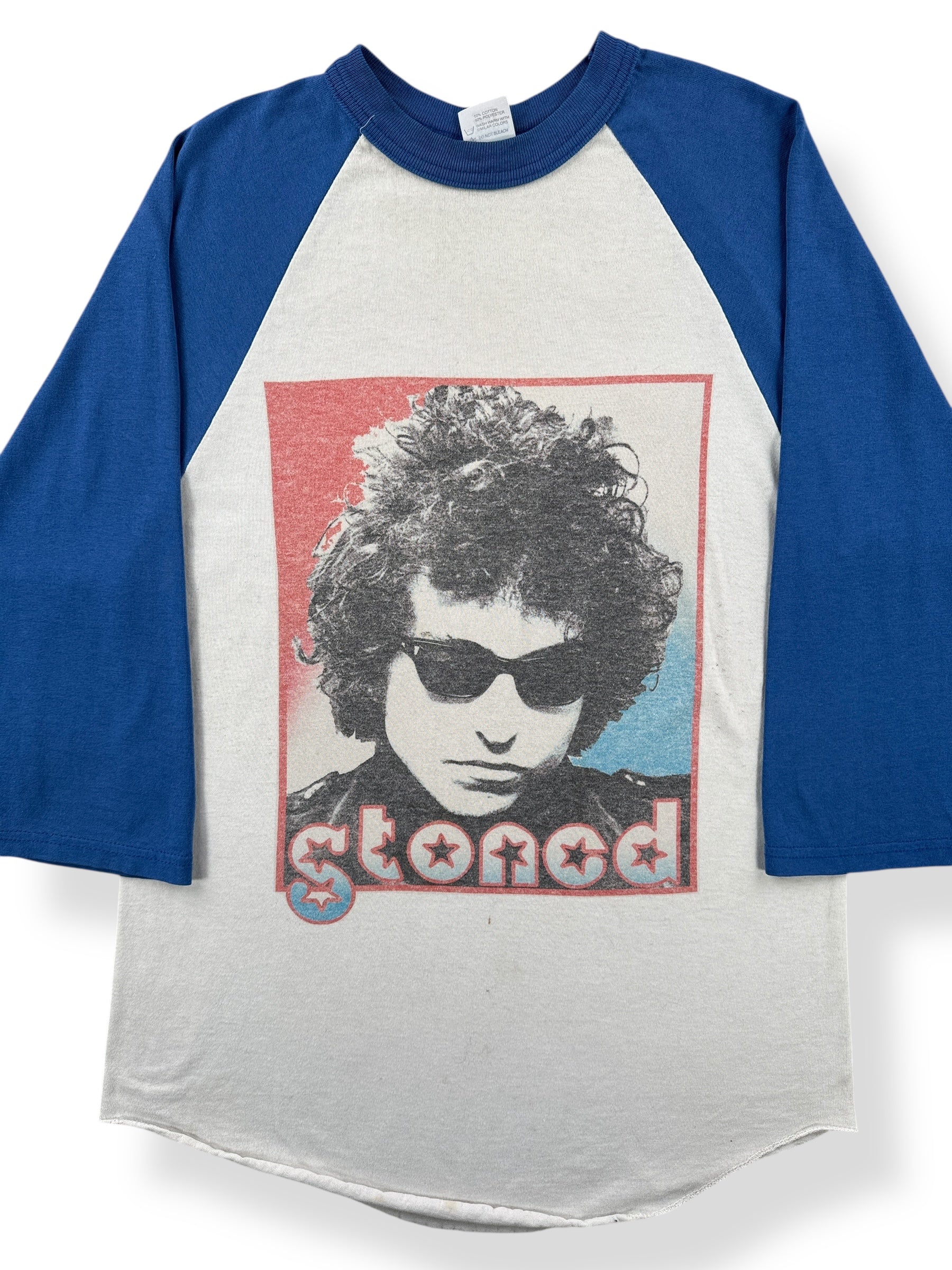 Front Close Up of Vintage Bob Dylan Stoned Raglan Tee SZ S