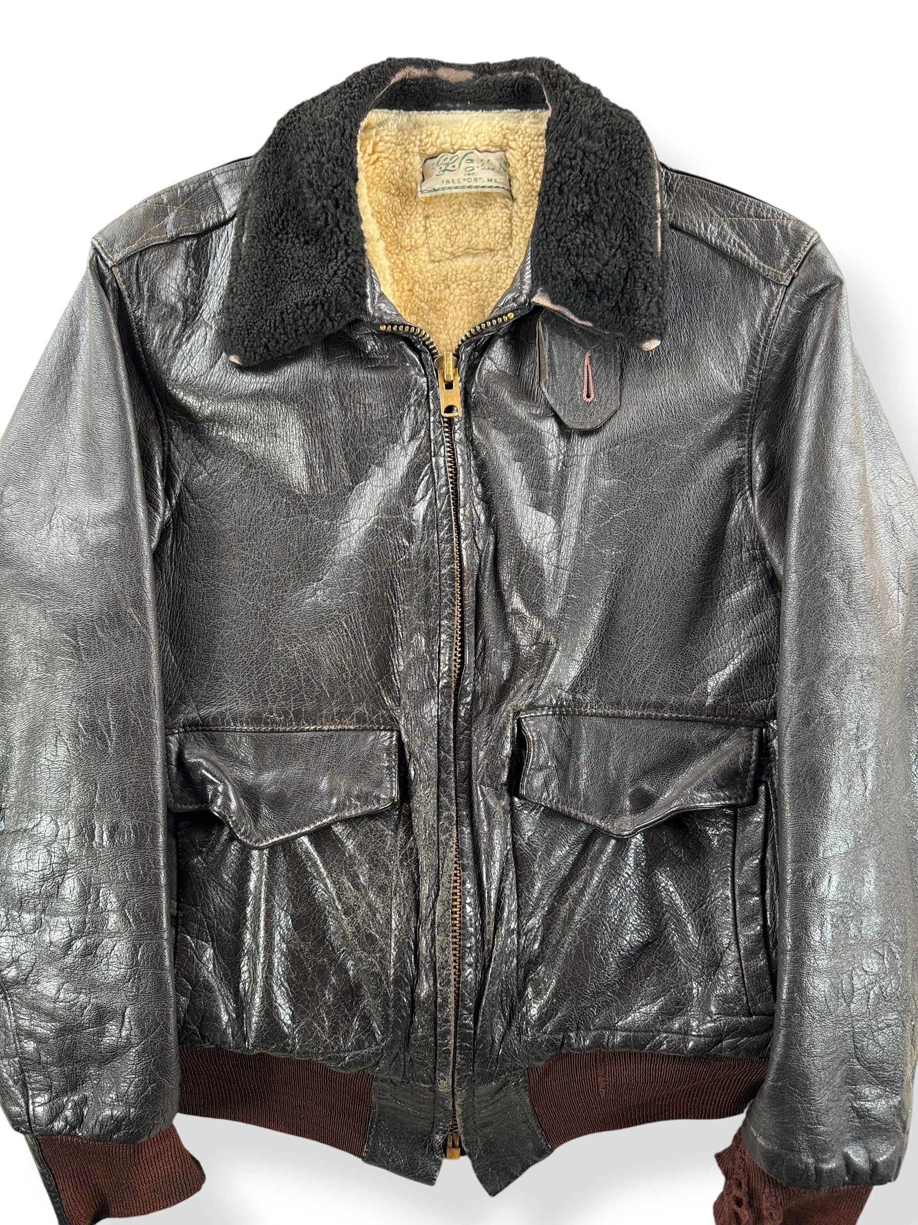Front Close Up of Vintage LL Bean Script Era Lambskin G1 Style Leather Jacket SZ M