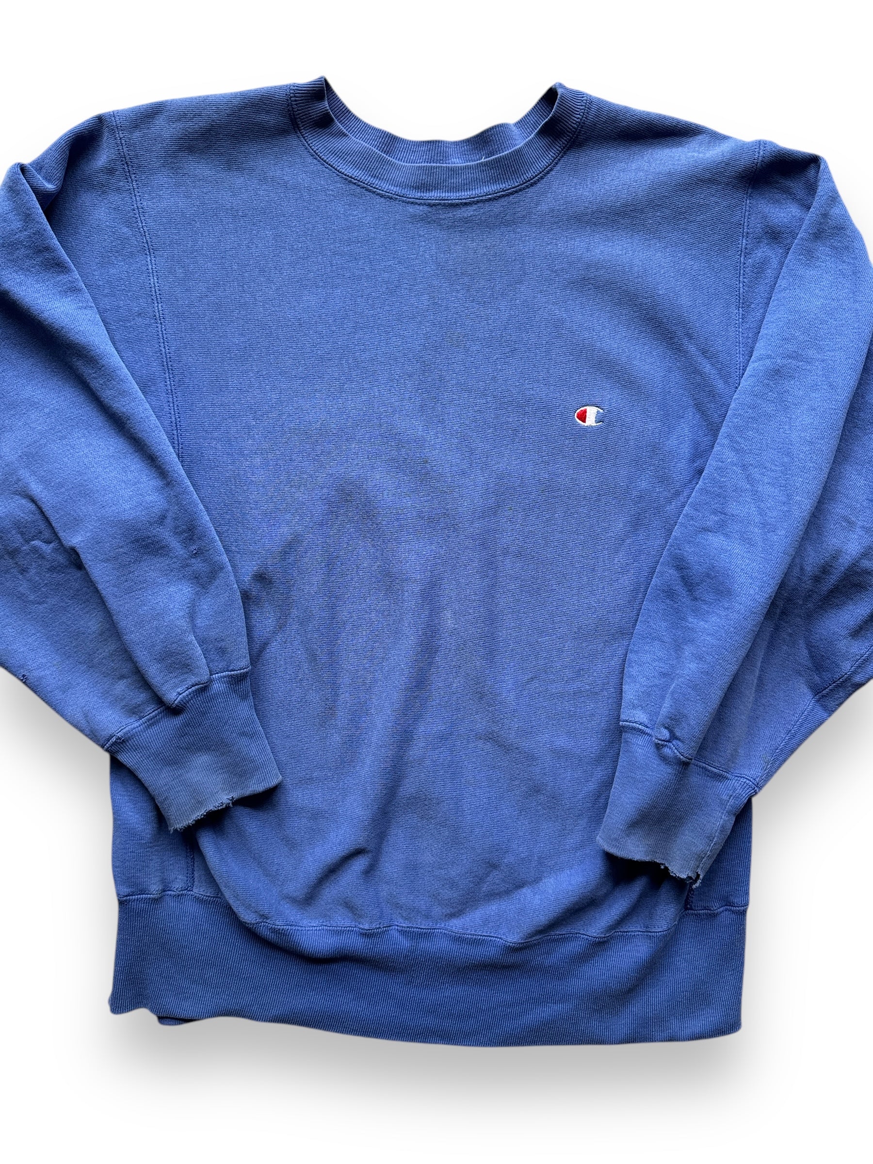 front close up of Vintage Blue Blank Champion Reverse Weave Crewneck SZ L