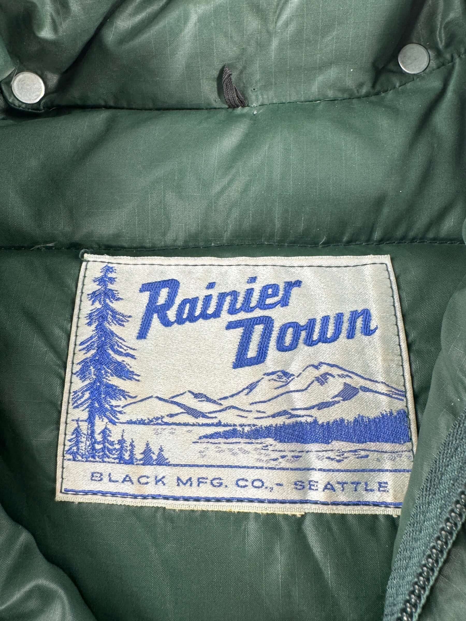 Label on Vintage Black Mfg Co Rainier Down Jacket SZ L